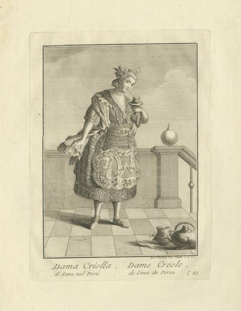 Antique Print of a Creole Lady Drinking Chocolate in Lima, Peru, c.1796