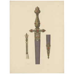 Grabado antiguo de una daga decorada con oro y piedras preciosas de Hefner-Alteneck '1890