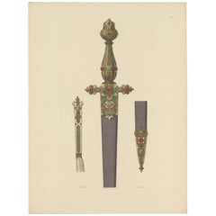 Antique Print of a Dagger Decorated with Gold and Gems by Hefner-Alteneck '1890'