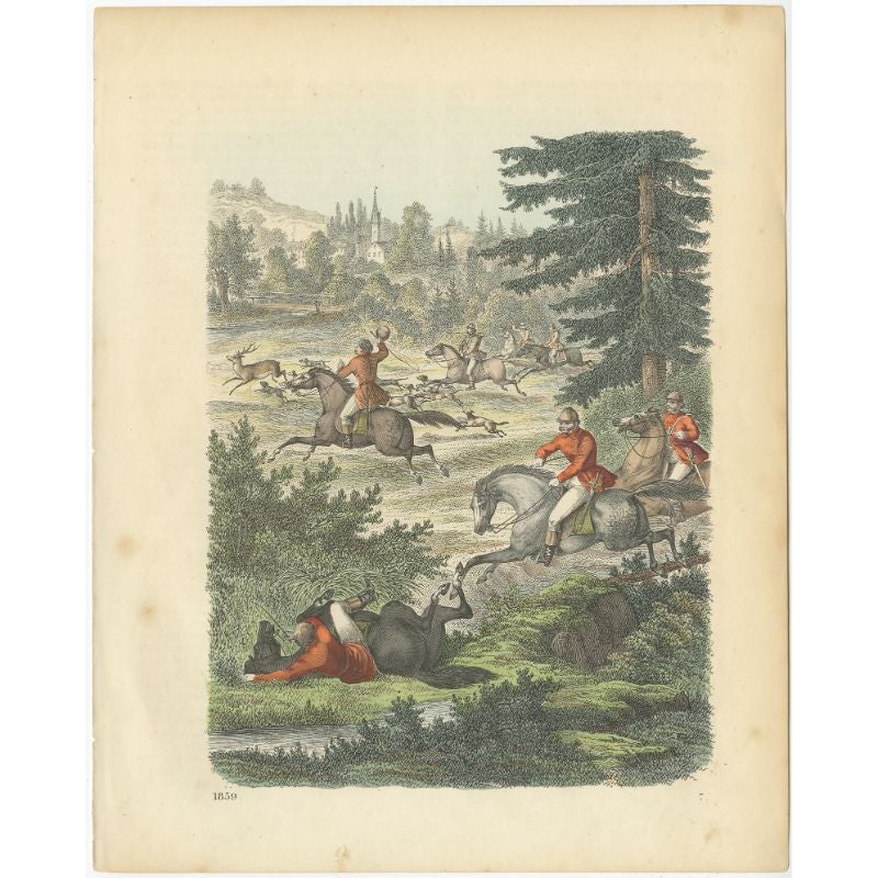 This antique print depicts a deer hunting scene (hunters on horses) and originates from 'Das Buch der Welt'. 

Artists and Engravers: Karl Hoffmann (1823-1859) was a German physician and naturalist.

Condition: Very good, general age-related