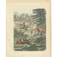 Antique Print of a Deer Hunt on Horse, 1859