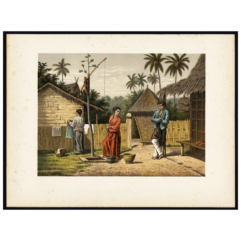 Impression ancienne d'une scène domestique dans un Kampung sur Java, Indonésie, 1888