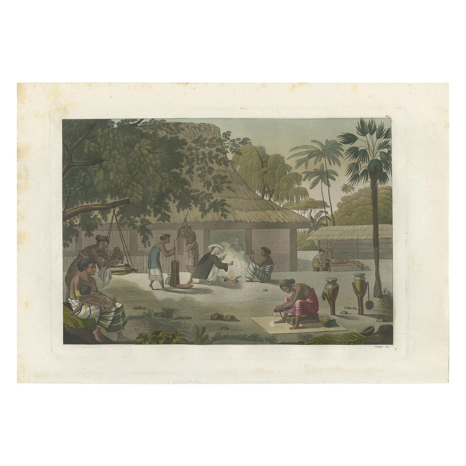 Grabado antiguo de una escena doméstica en Kupang por Ferrario '1831'