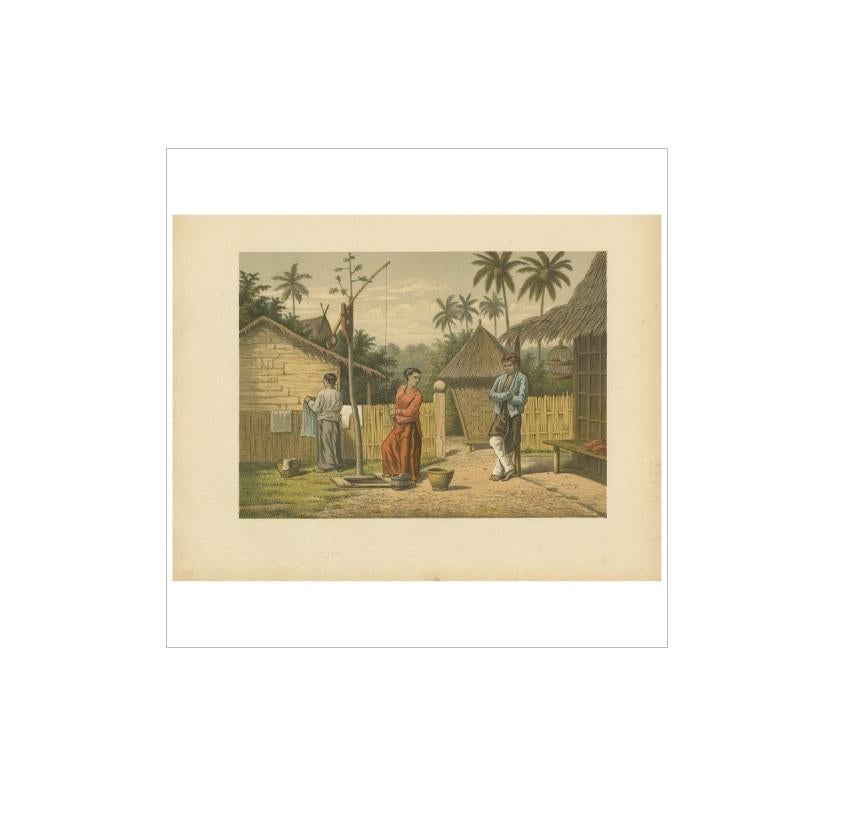 Impression ancienne d'une scène domestique sur Java par M.T.H. Perelaer, 1888 Bon état - En vente à Langweer, NL