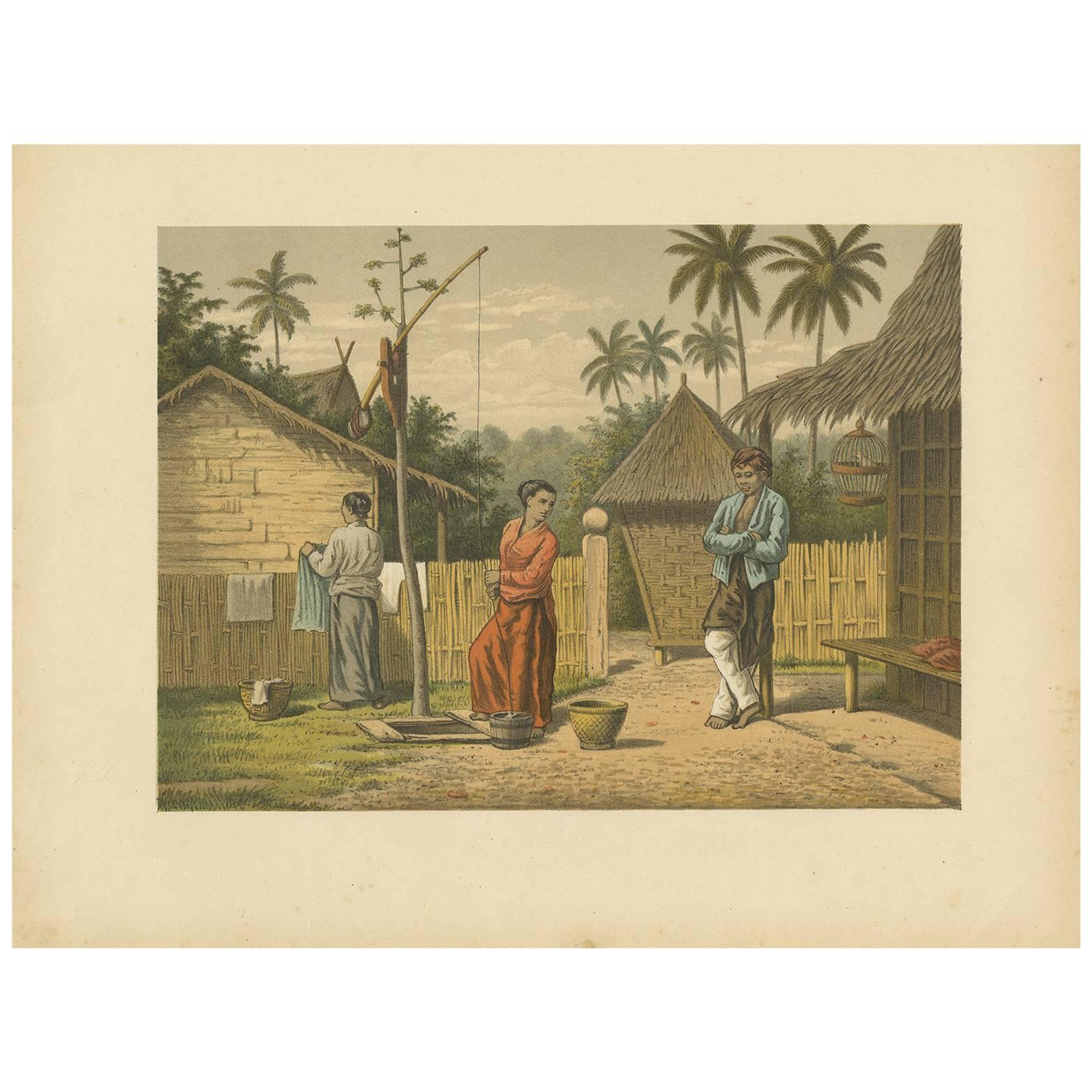 Impression ancienne d'une scène domestique sur Java par M.T.H. Perelaer, 1888