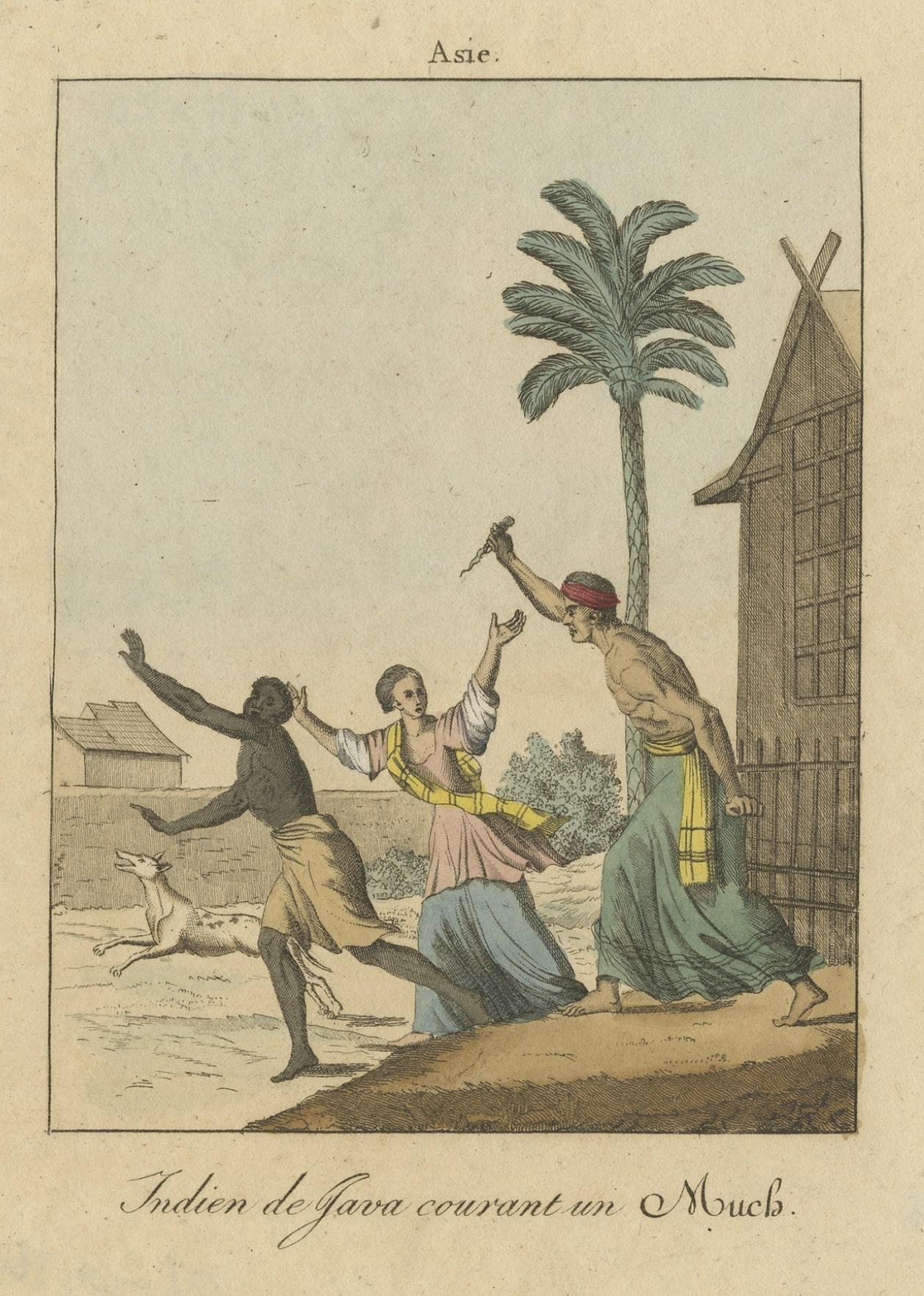 Paper Antique Print of a Domestic Scene on Java, Indonesia, c.1840 For Sale