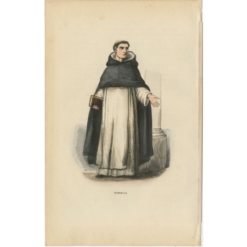 Antique print titled 'Dominicain'. Print of a Dominican. This print originates from 'Histoire et Costumes des Ordres Religieux'.

Artists and Engravers: Author: Abbé Tiron.

Condition: Good, general age-related toning. Minor wear and foxing,
