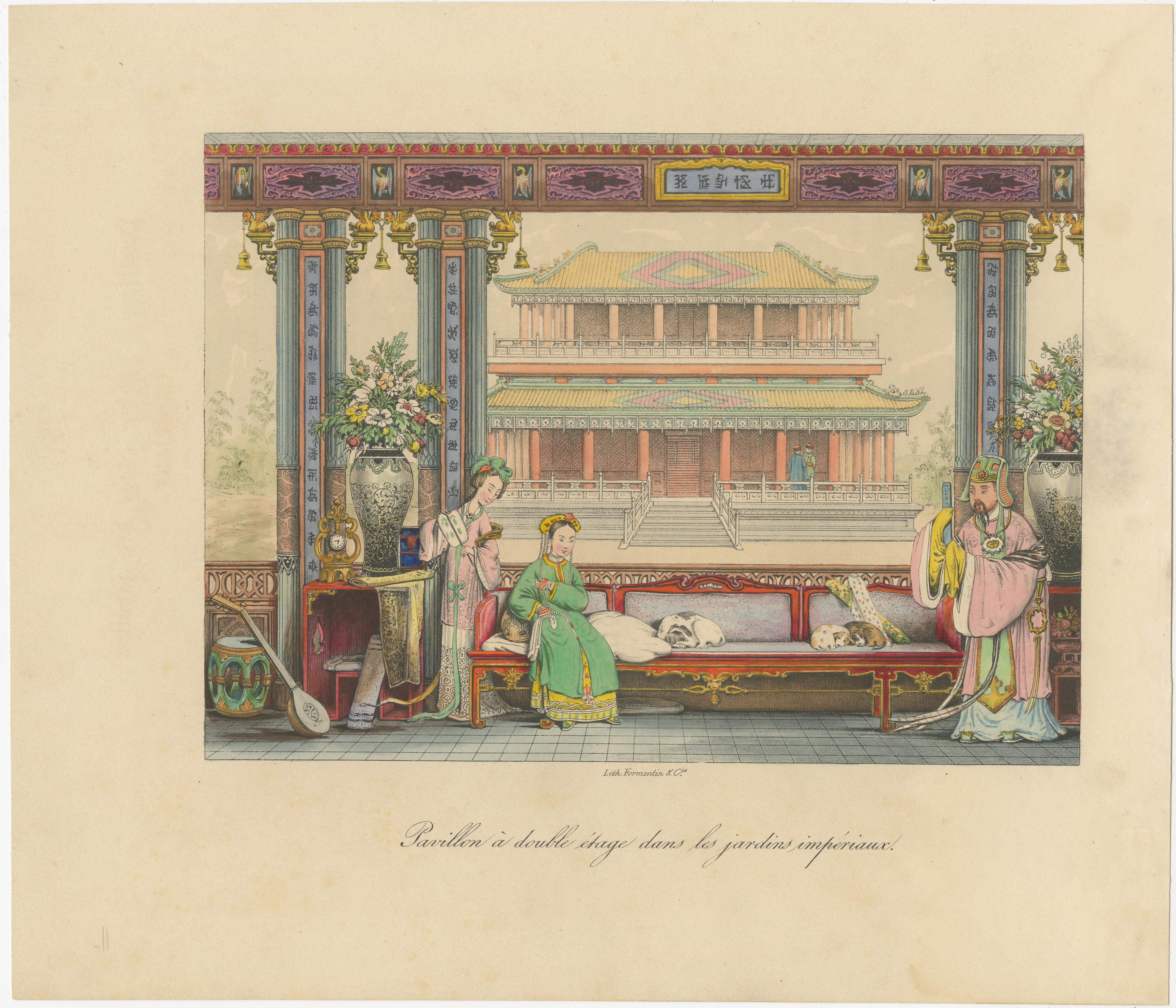 Antique print titled 'Pavillon à double étage dans les jardins impériaux'. Print of a double-storey pavilion in the imperial gardens. Published by Formentin & Cie, circa 1830.