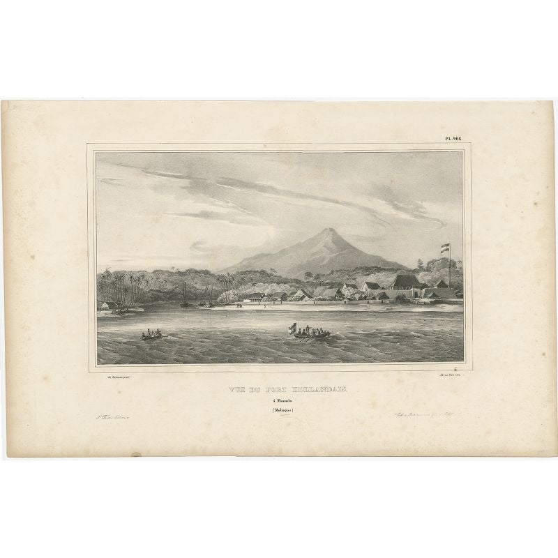Antique print titled 'Vue du Fort Hollandais'. Lithograph of a Dutch fortress in Manado Bay. It shows various ships, including a rowing boat of Europeans under the Dutch flag, in Manado Bay in the Dutch East Indies. The Dutch East India Company
