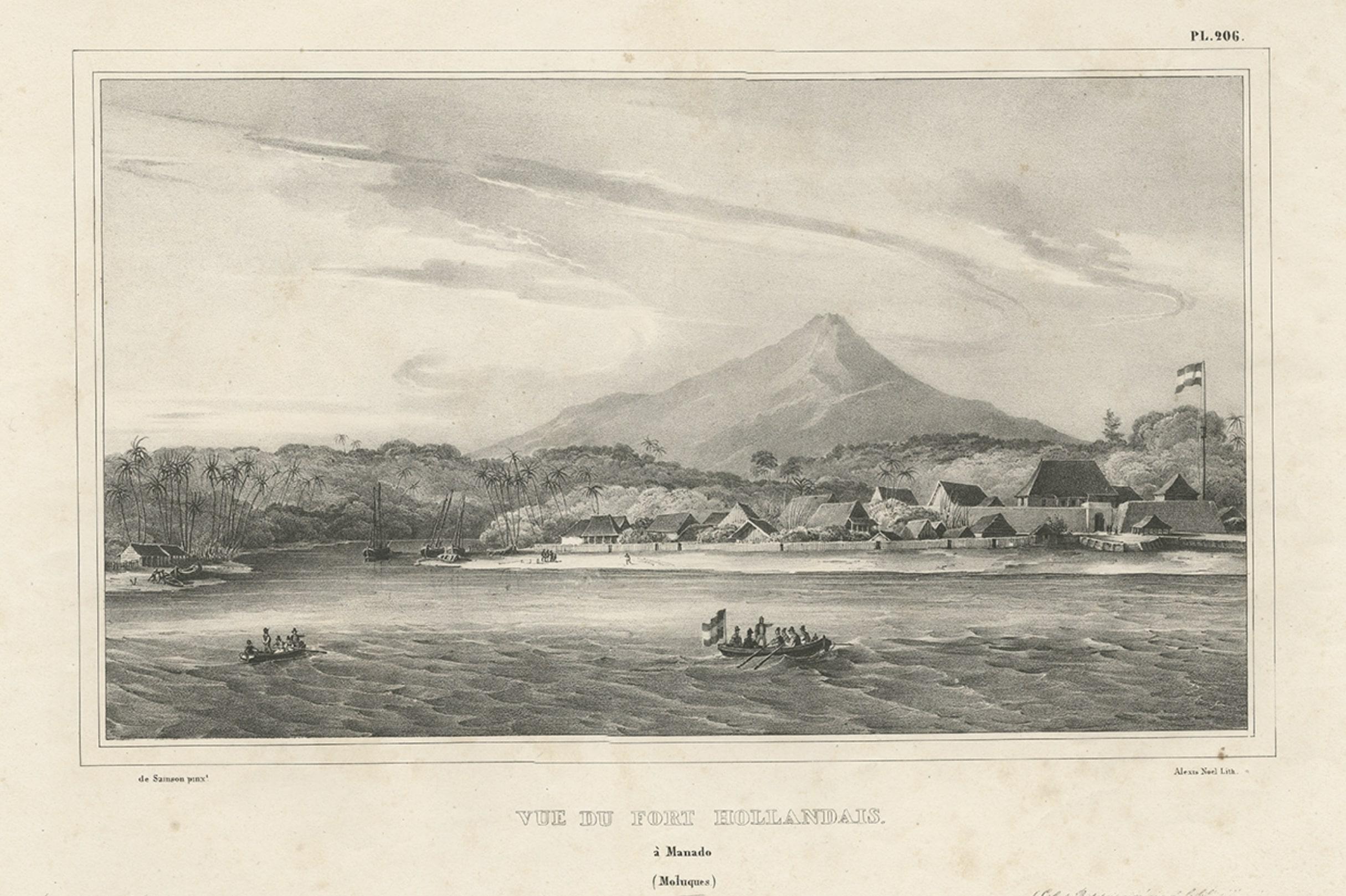 Paper Antique Print of a Dutch Fortress in Manado Bay, Sulawesi, Indonesia, 1833 For Sale