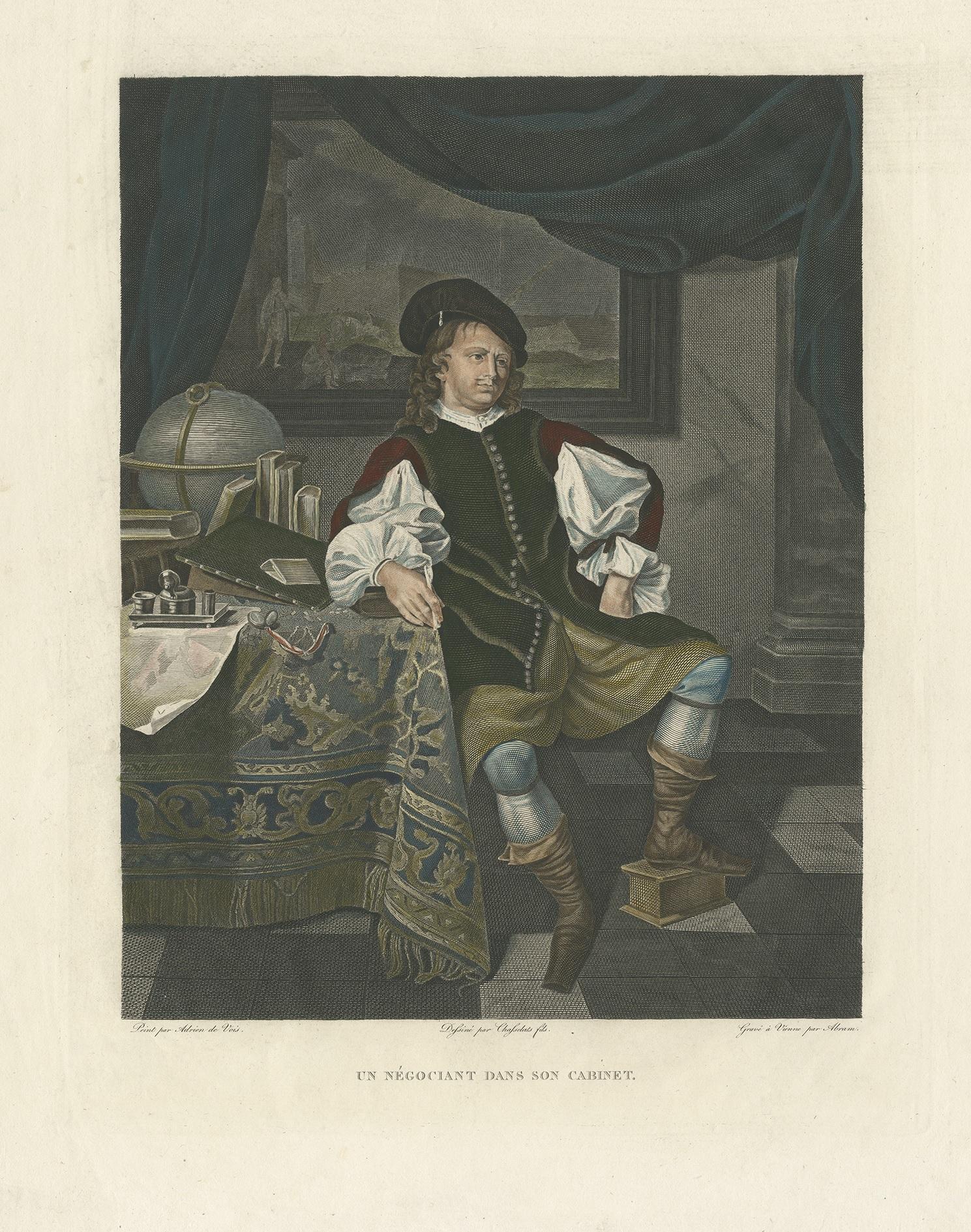 Antique print titled 'Un négociant dans son Cabinet'. Large print of a Dutch merchant. Made by Abram after Adrien de Vois.