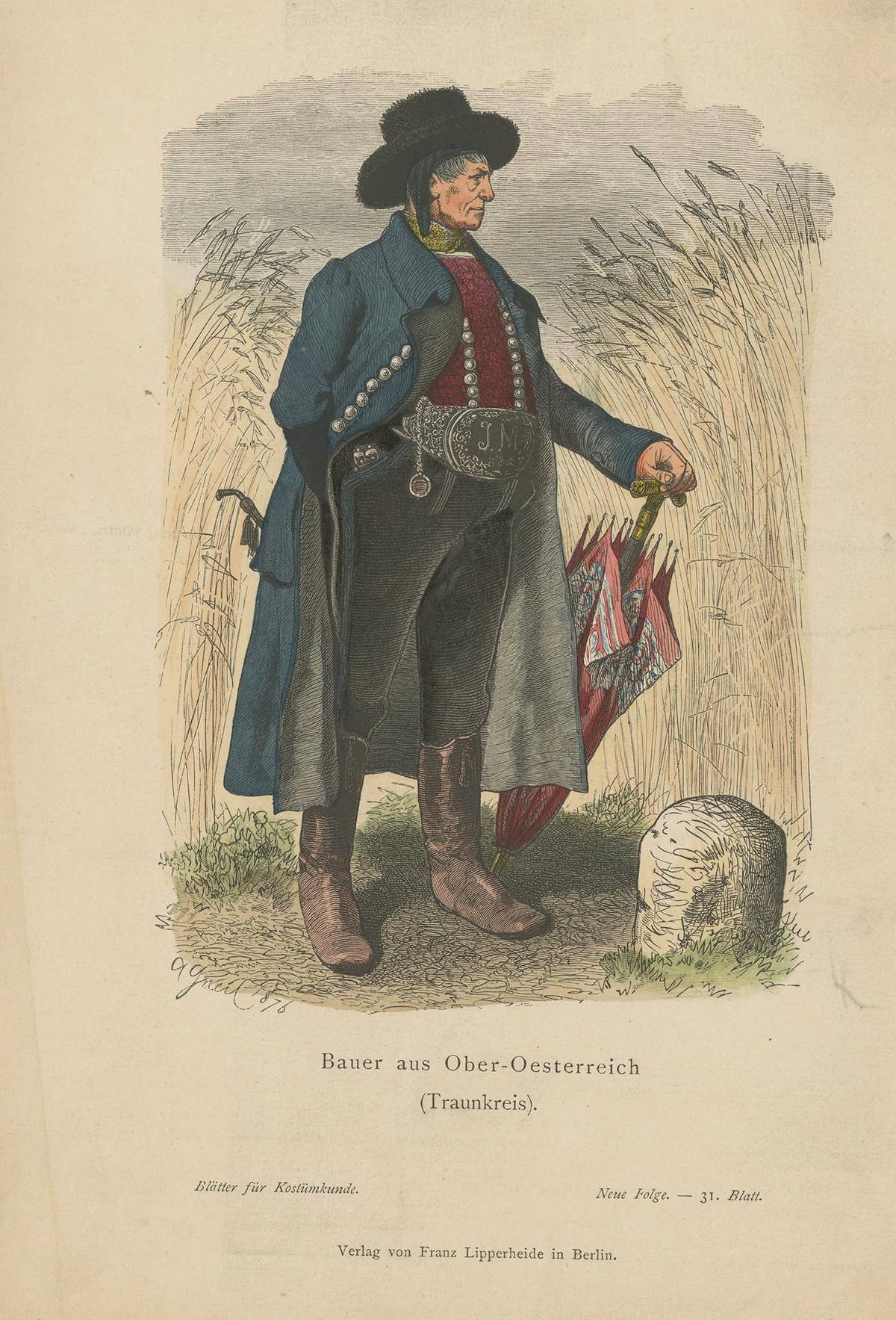 Antique Print of a Farmer from the Region of Traunkreis, Austria, circa 1880