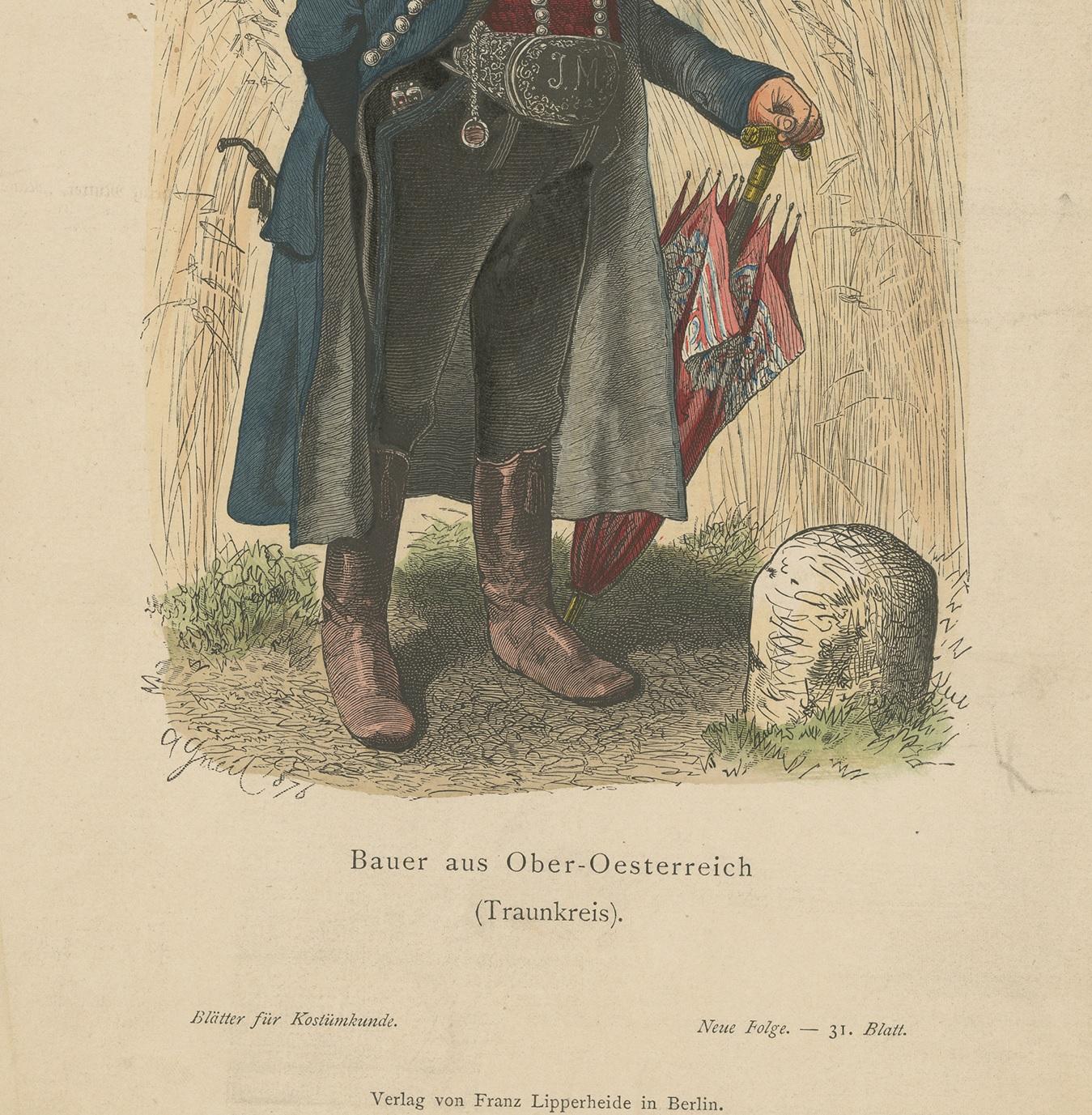 Antique Print of a Farmer from the Region of Traunkreis, Austria, circa 1880 In Good Condition For Sale In Langweer, NL