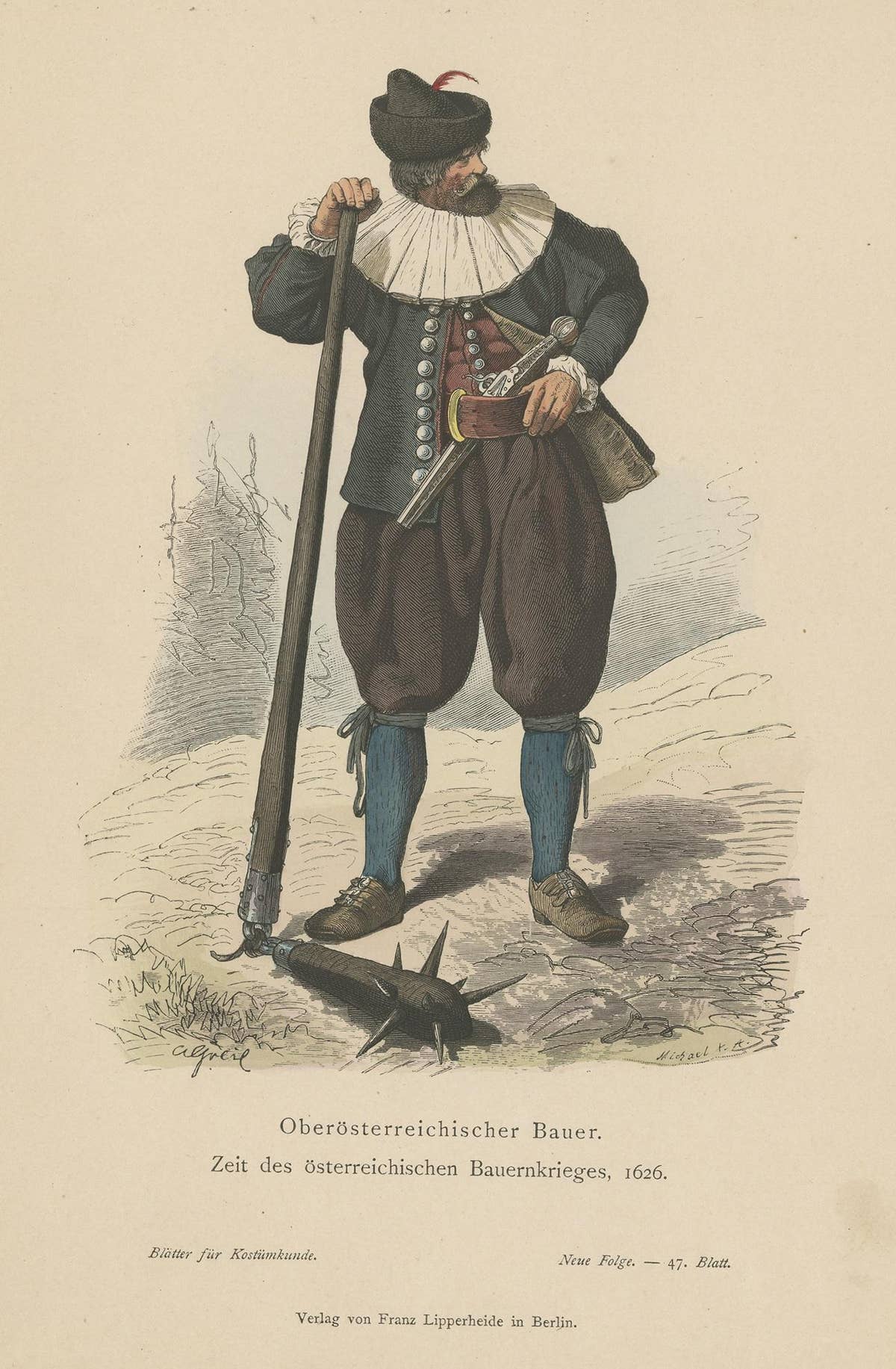 Antique Print of a Farmer from Upper Austria During the Peasant's War of 1626