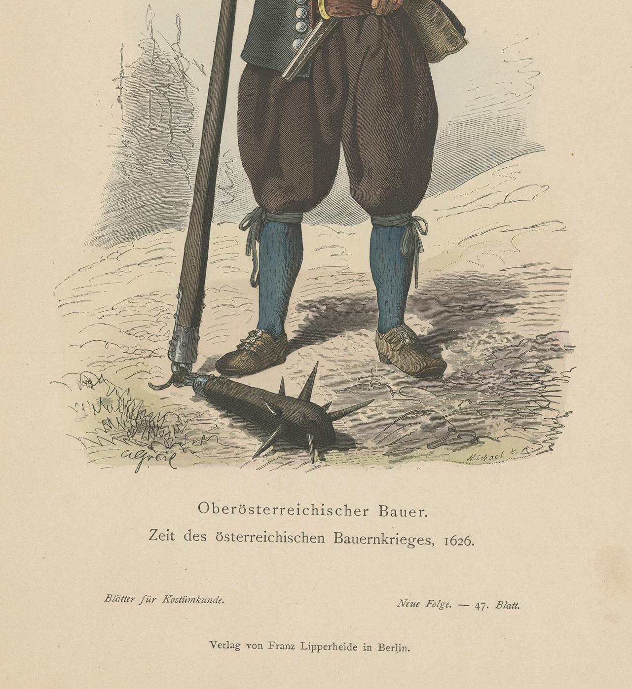 Antique Print of a Farmer from Upper Austria During the Peasant's War of 1626 In Good Condition For Sale In Langweer, NL
