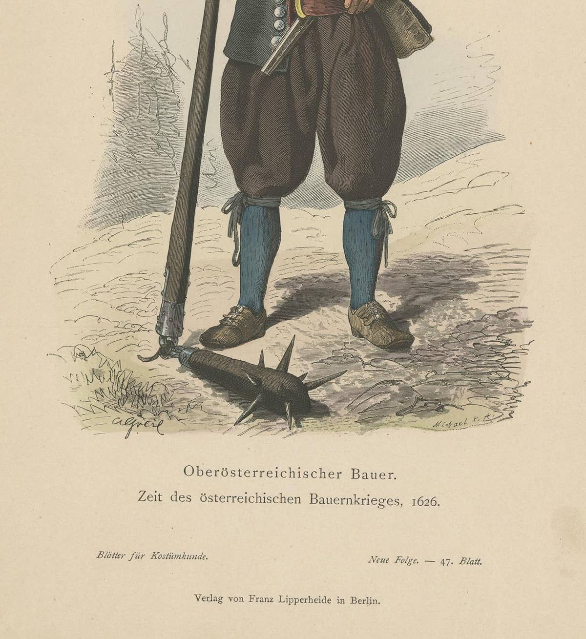 Antique Print of a Farmer from Upper Austria During the Peasant's War of 1626