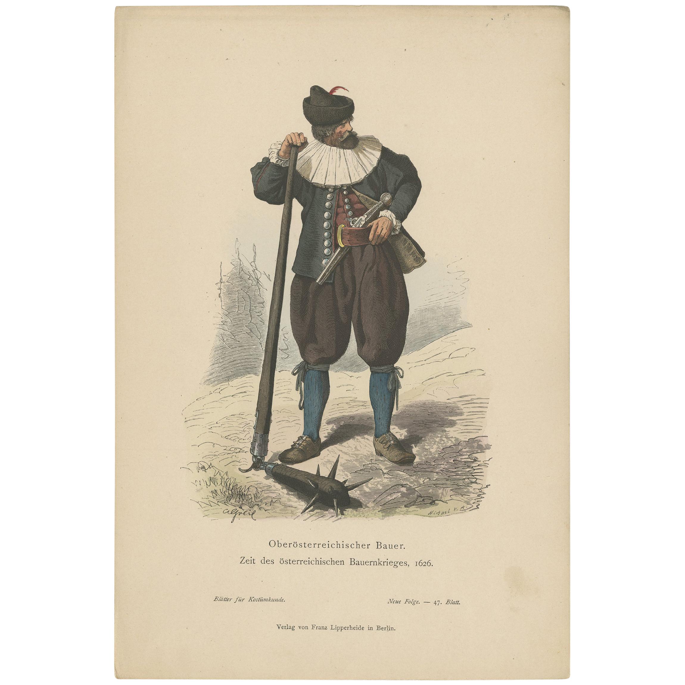 Antique Print of a Farmer from Upper Austria During the Peasant's War of 1626