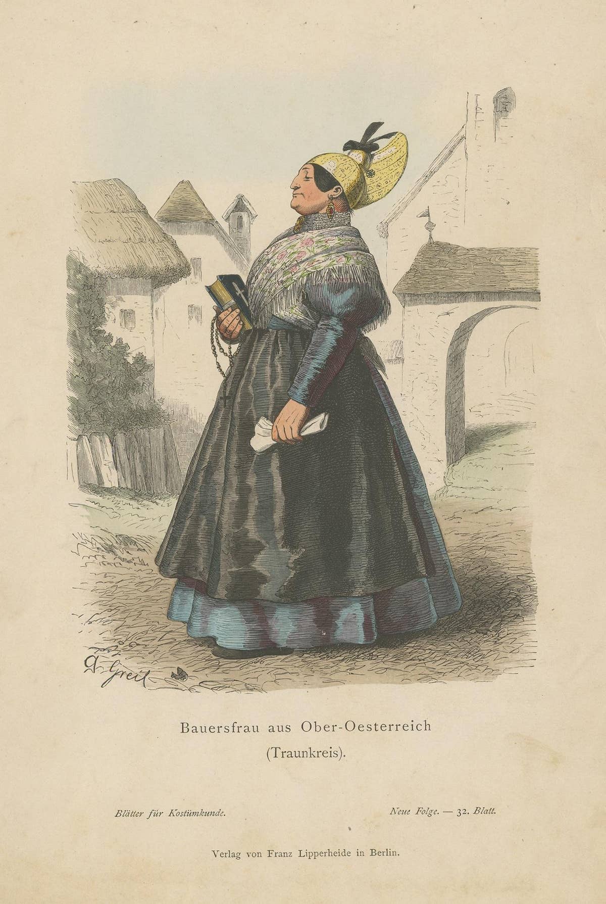 Antique Print of a Farmer's Wife from the Region of Traunkreis, Austria