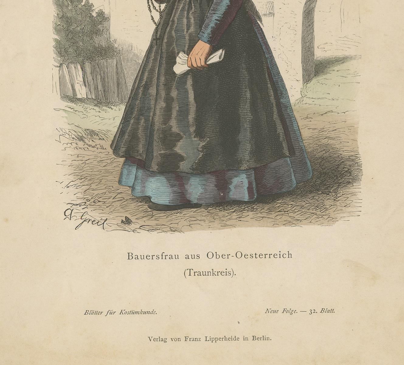19th Century Antique Print of a Farmer's Wife from the Region of Traunkreis, Austria For Sale
