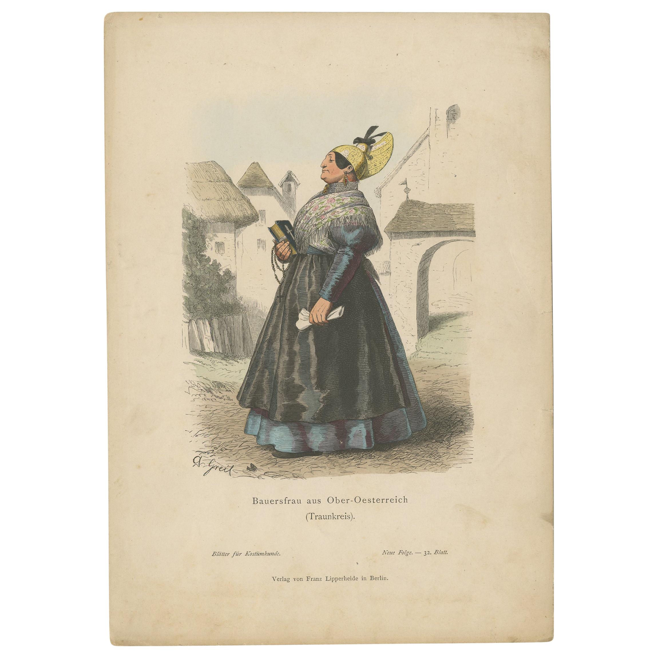 Antique Print of a Farmer's Wife from the Region of Traunkreis, Austria For Sale