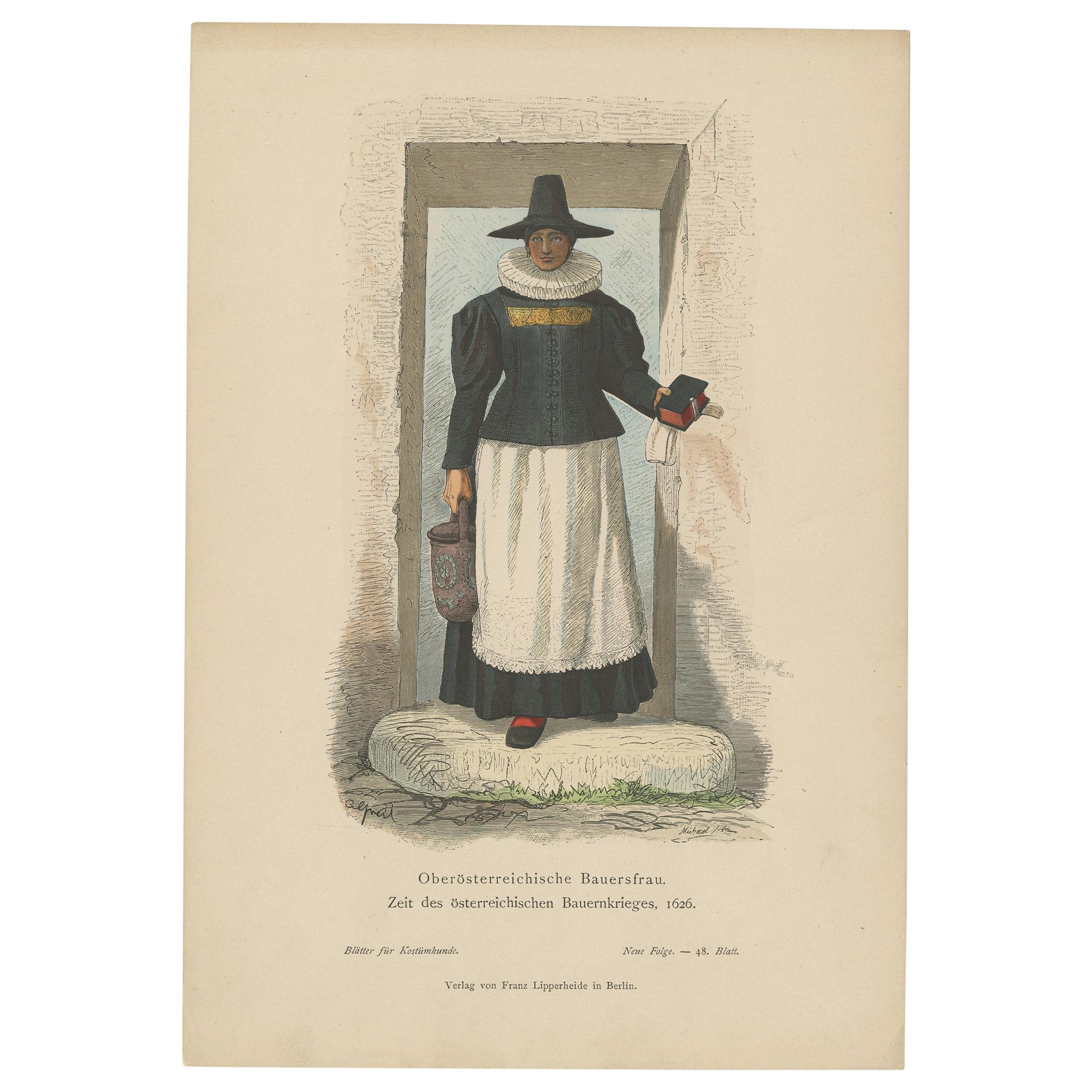 Antique Print of a Farmer's Wife from Upper Austria During the Peasant's War For Sale