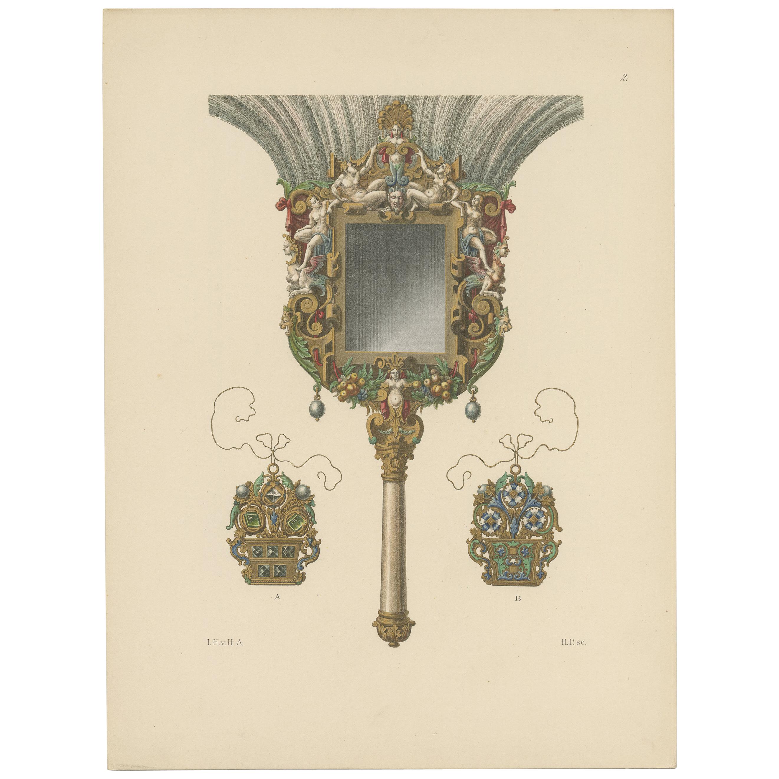 Impression ancienne d'un chiffon à plumes avec miroir par Hefner-Alteneck '1890'