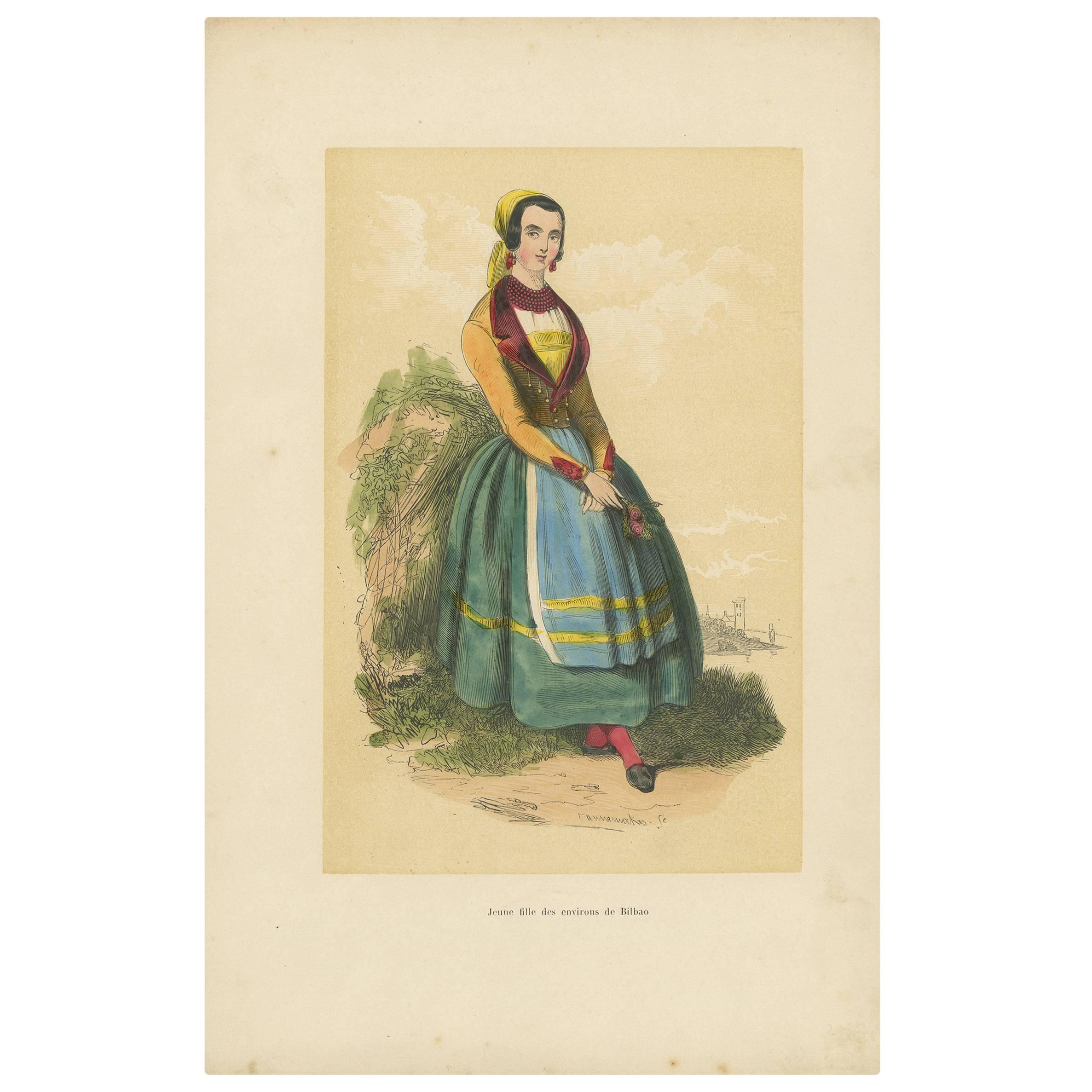 Antique Print of a Female Inhabitant of Bilbao 'Spain' by A. Pannemaker, 1870 For Sale