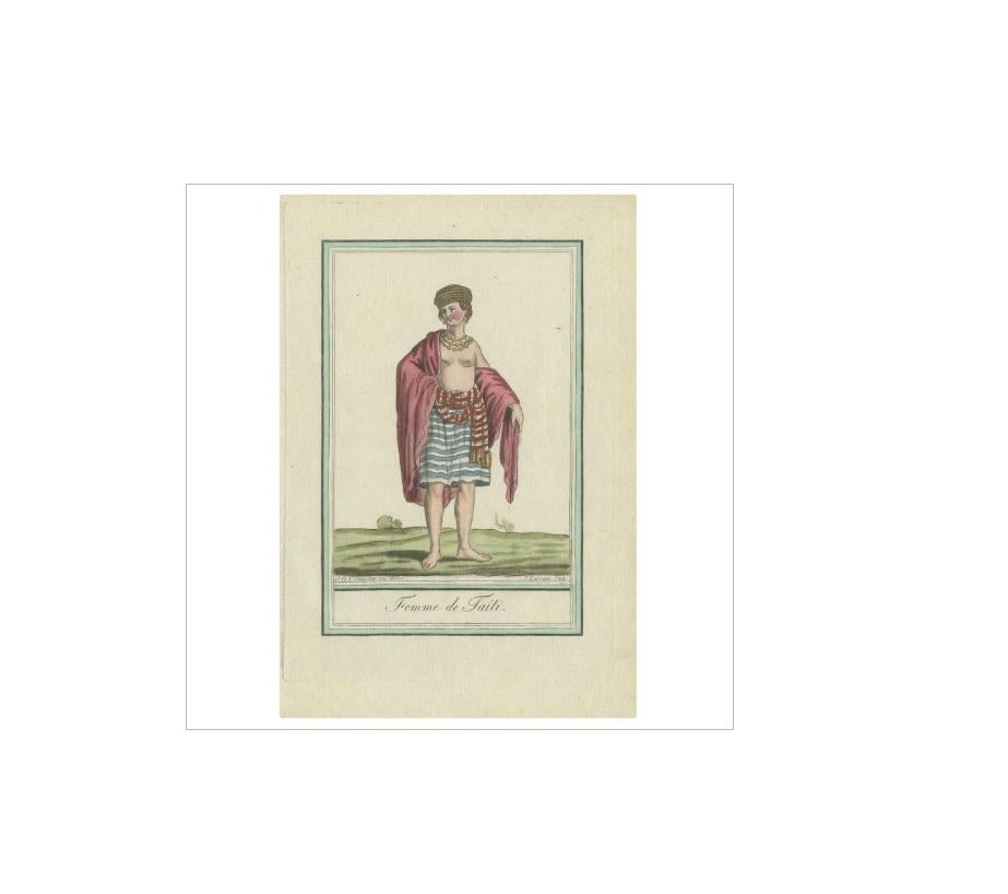 Gravure ancienne intitulée 'Femme de Taiti'. Cette gravure provient de 'Illustrations de Encyclopédie des voyages, contenant l'abrégé historique des mœurs, usages, habitudes domestiques, religions, fêtes (...)' de J. Laroque. Publié par Deroy à