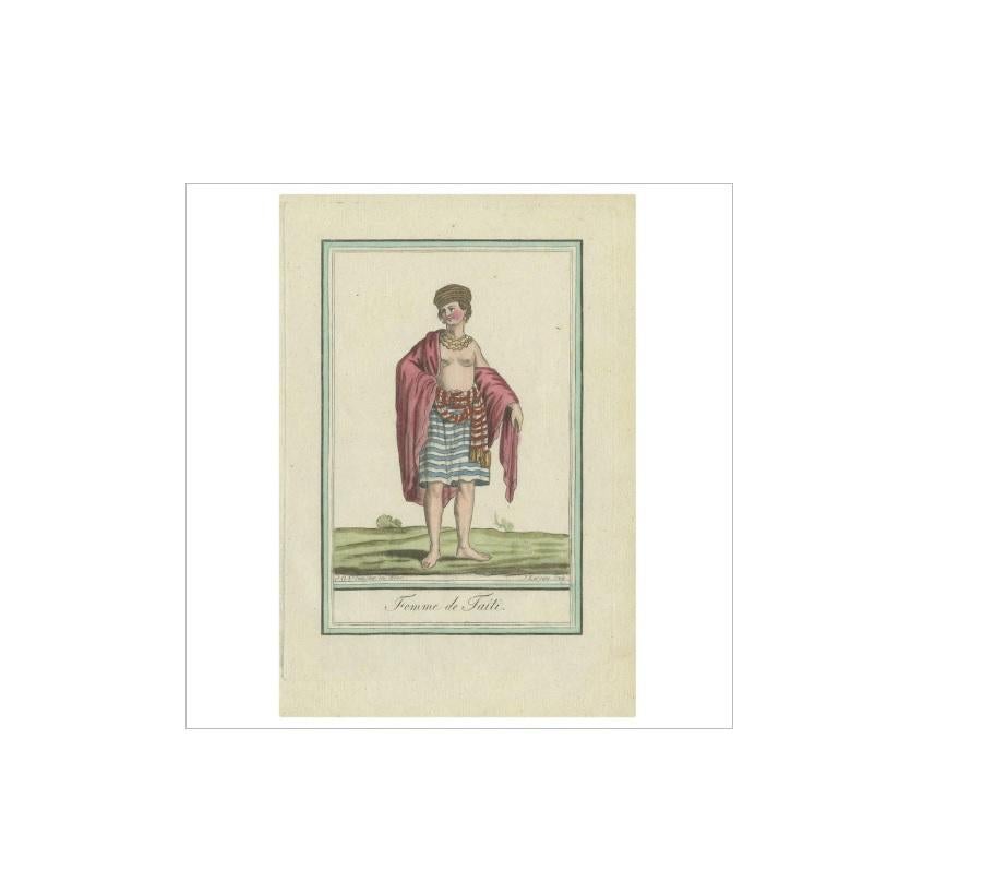 Antique print titled 'Femme de Taiti'. This print originates fom 'Illustrations de Encyclopédie des voyages, contenant l’abrégé historique des mœurs, usages, habitudes domestiques, religions, fêtes (..)' by J. Laroque. Published by Deroy in Paris,