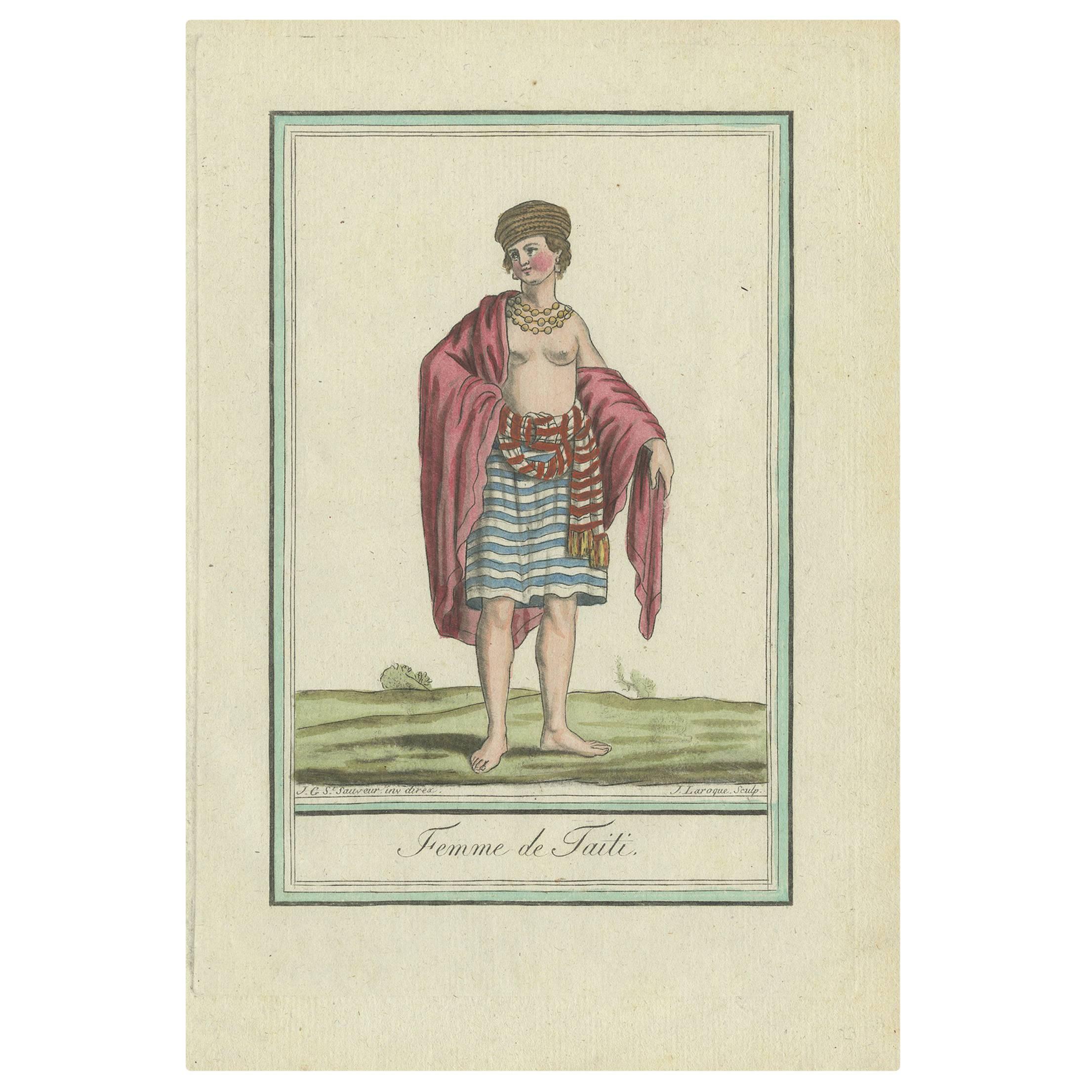 Antique Print of a Female Inhabitant of Tahiti by J. Laroque, 1796 For Sale