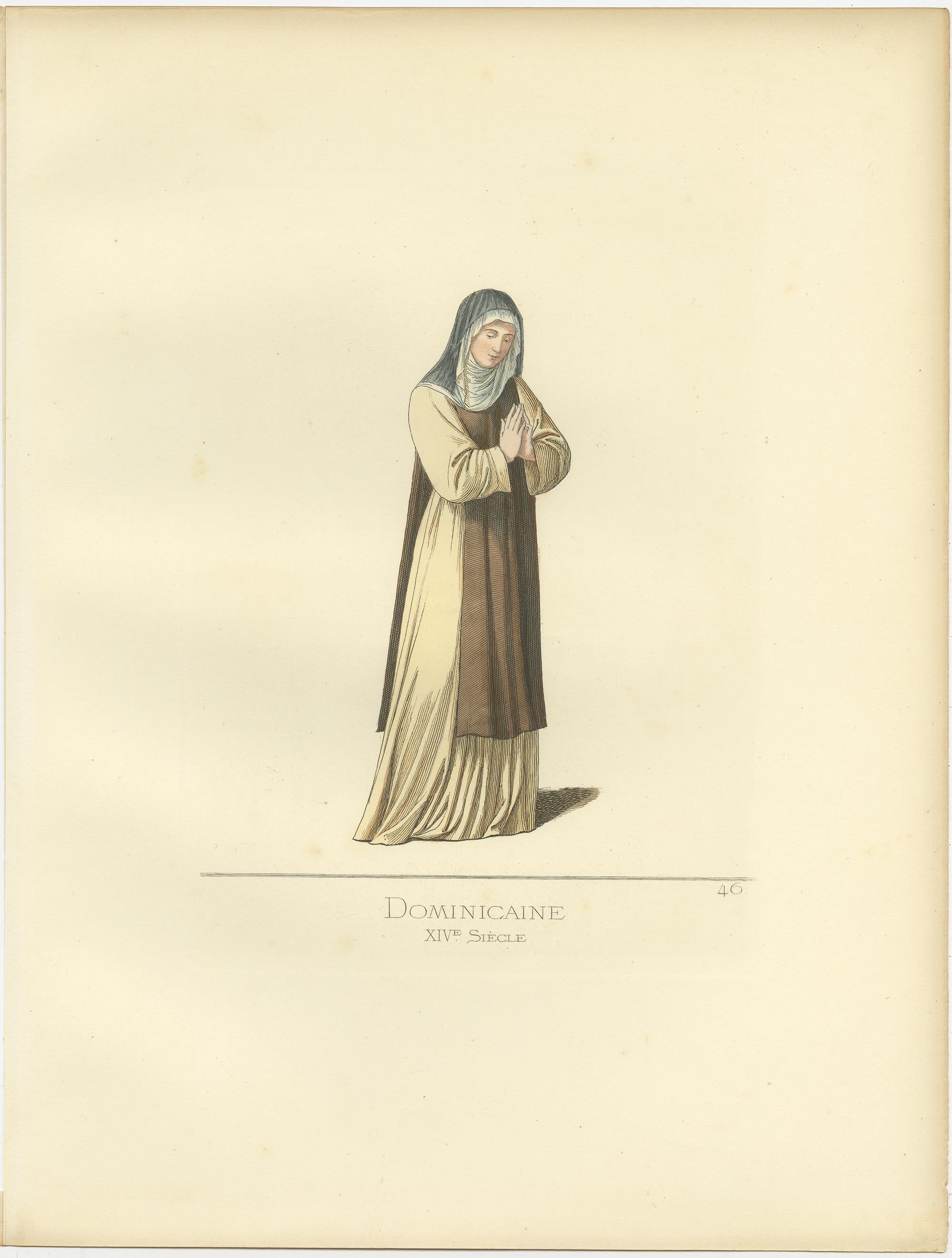 Grabado antiguo de un miembro femenino de la Orden Dominicana por Bonnard, 1860 en Bueno estado para la venta en Langweer, NL