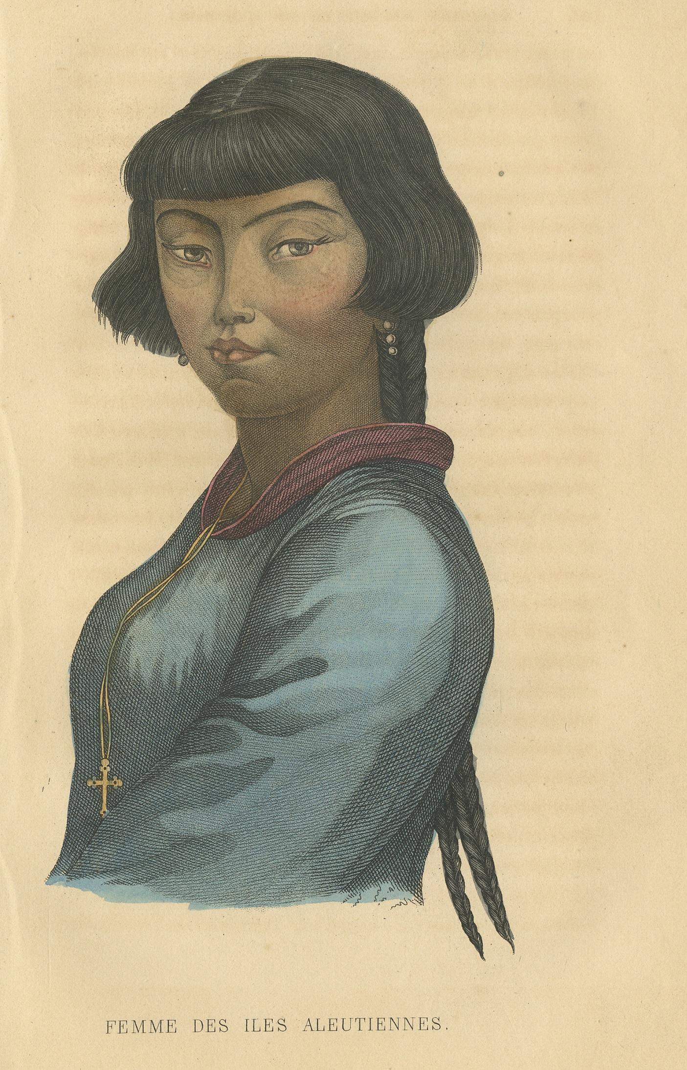 Antique print titled 'Femme des Iles Aleutiennes'. Lithograph of a female of the Aleutian Islands, a chain of 14 large volcanic islands and 55 smaller islands. This print originates from 'Histoire Naturelle de l’homme Comprenant des recherches sur