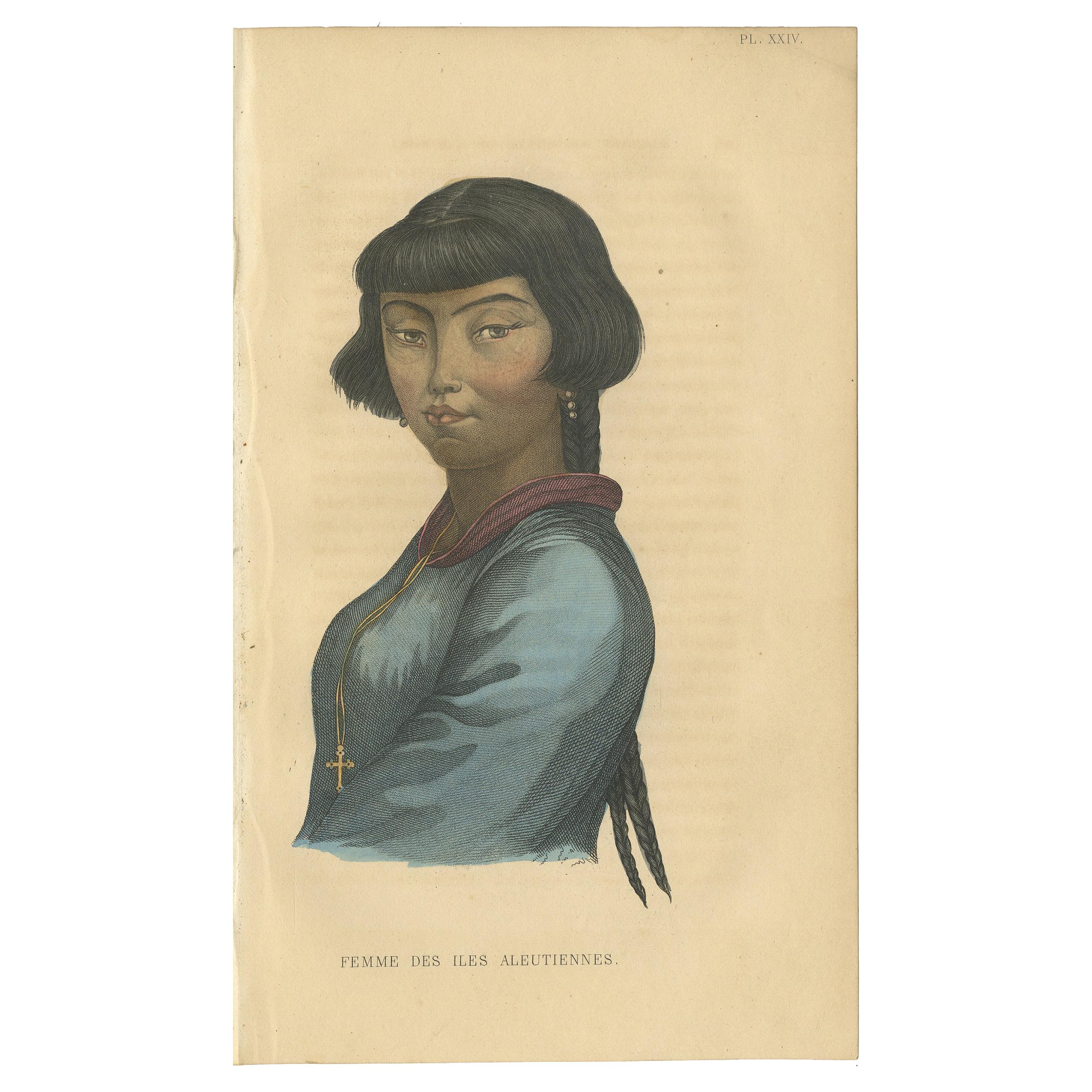 Antique Print of a Female of the Aleutian Islands by Prichard, 1843 For Sale