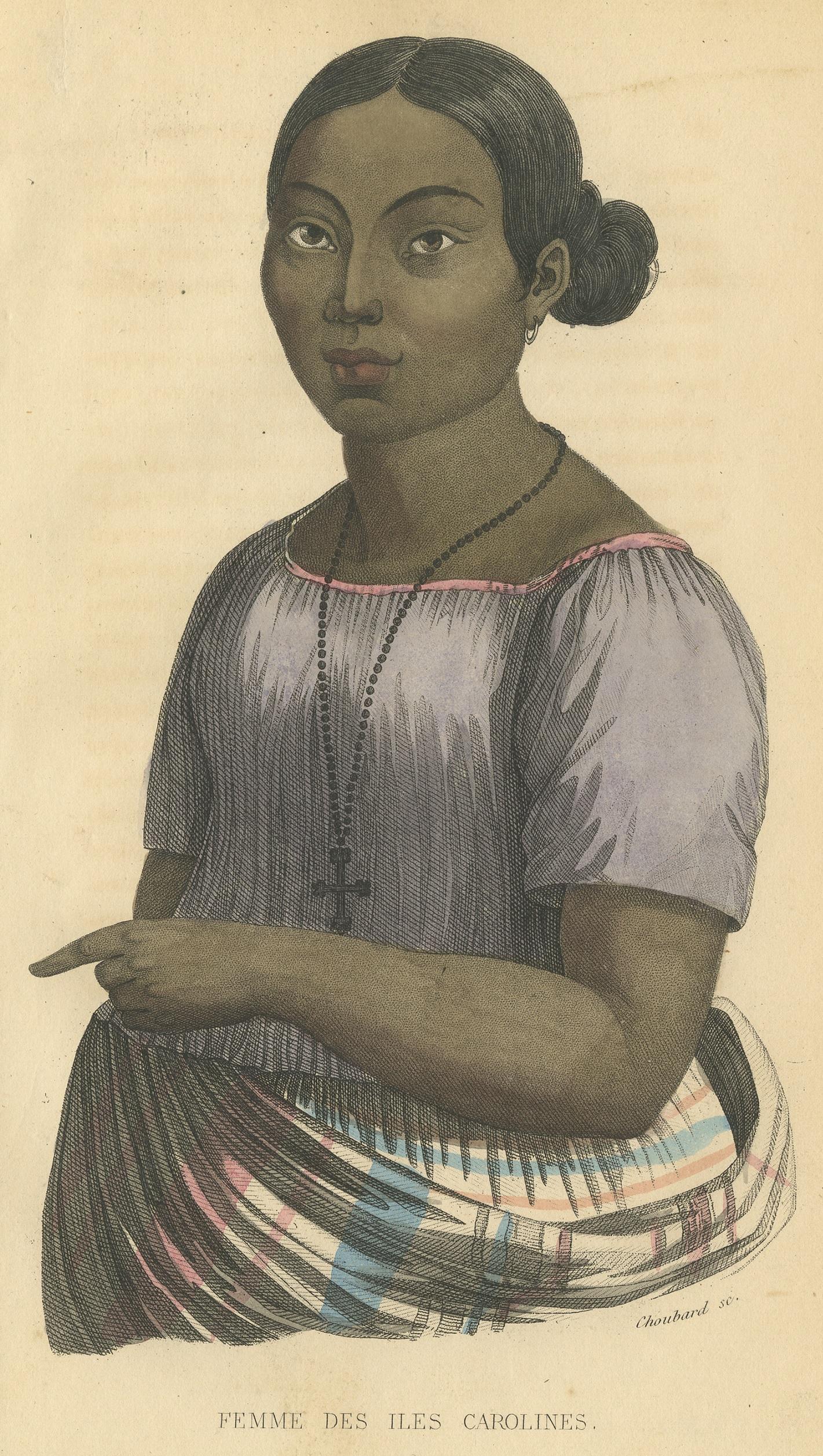 Antique print titled 'Femme des Iles Carolines'. Lithograph of a female of the Caroline Islands, a widely scattered archipelago of tiny islands in the western Pacific Ocean, to the north of New Guinea. This print originates from 'Histoire Naturelle