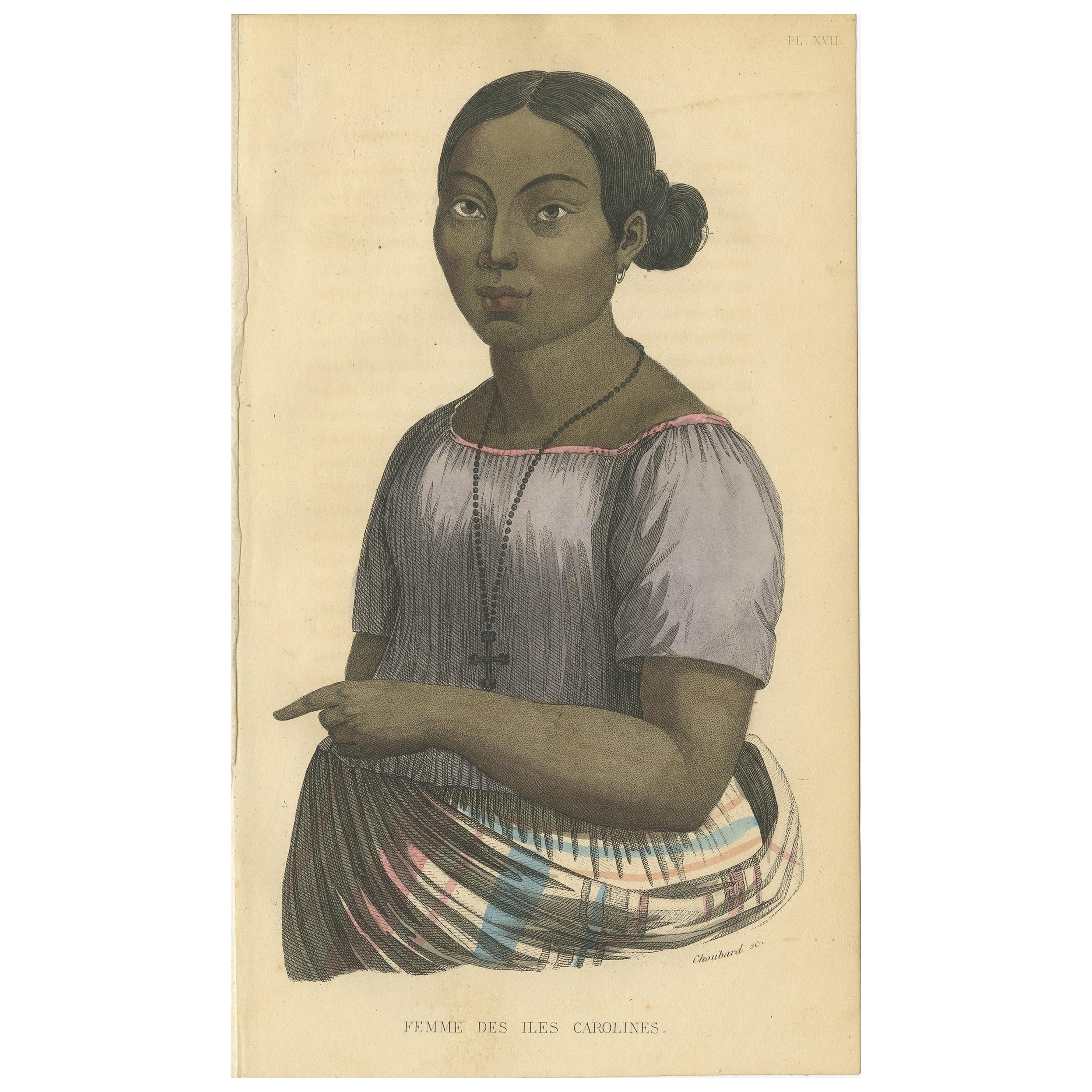 Antique Print of a Female of the Caroline Islands by Prichard, 1843