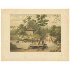 Impression ancienne d'un ferry au-dessus de la rivière Ci Durian par M.T.H. Perelaer, 1888