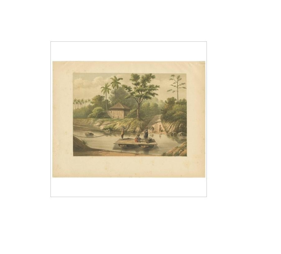 XIXe siècle Impression ancienne d'un ferry au-dessus de la rivière Ci Durian par M.T.H. Perelaer, 1888