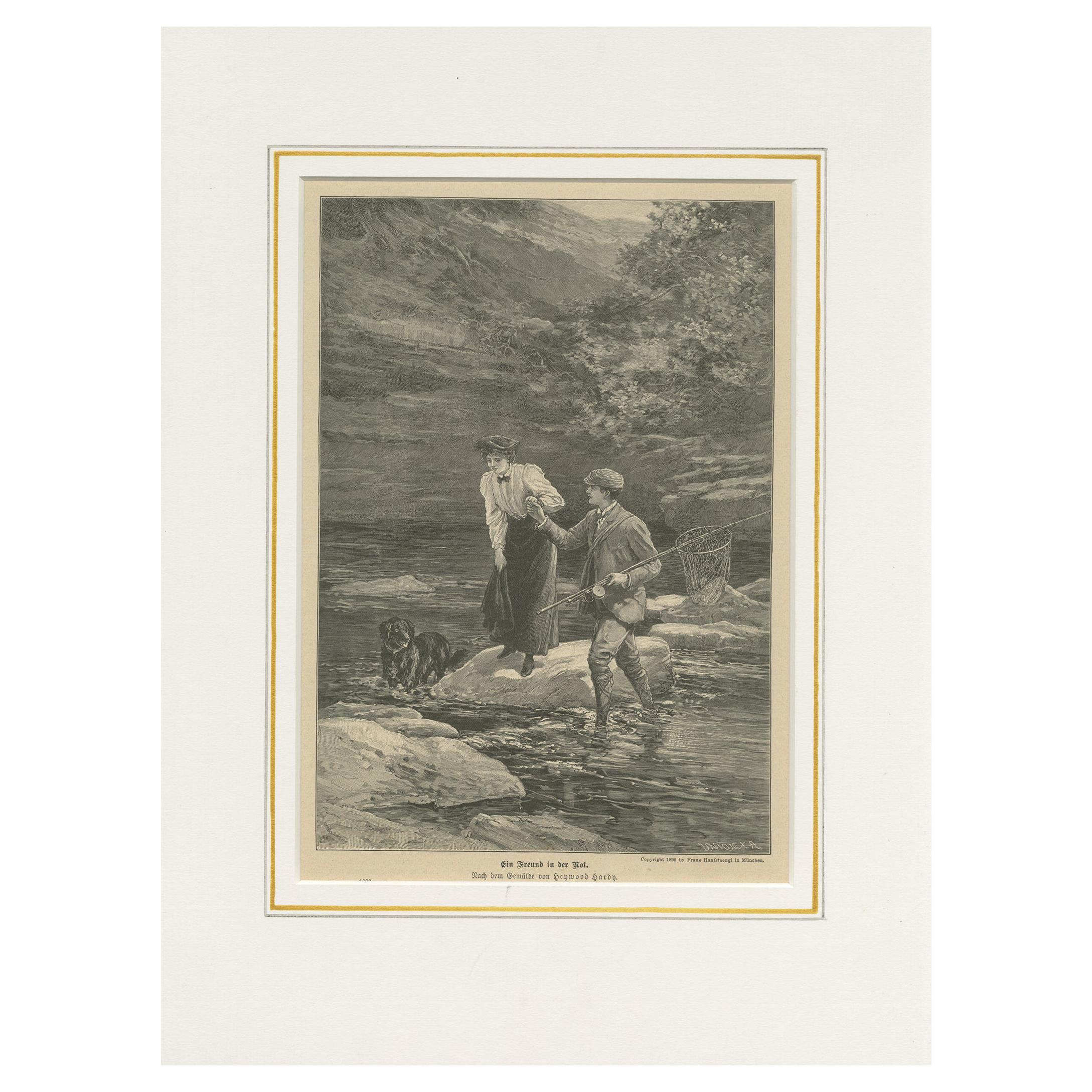 Antique Print of a Fisherman Assisting a Lady 'c. 1900' For Sale