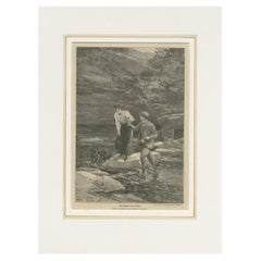 Antiker antiker Druck eines Fischers, der einer Dame assistiert, um 1900