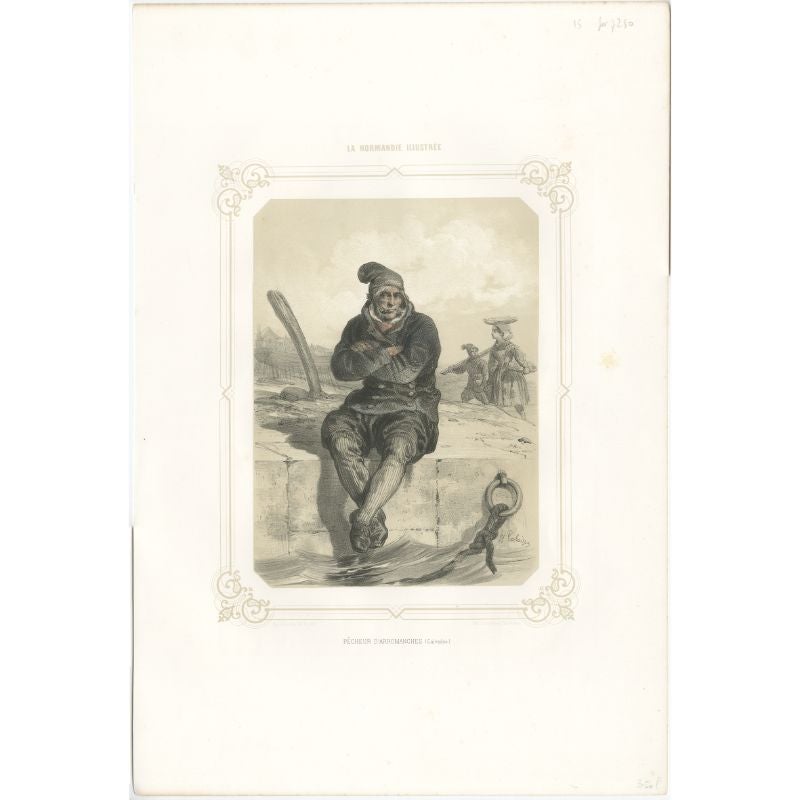 Antique print titled 'Pêcheur d'Arromanches (Calvados)'. Old print depicting a fisherman from Arromanches, France. This print originates from 'La Normandie Illustrée' by R. Bordeaux and A. Bosquet.

Artists and Engravers: Drawn from nature by F.