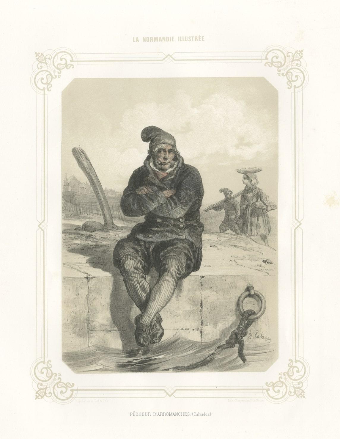 Paper Antique Print of a Fisherman from Arromanches in Normandy, France, 1852 For Sale