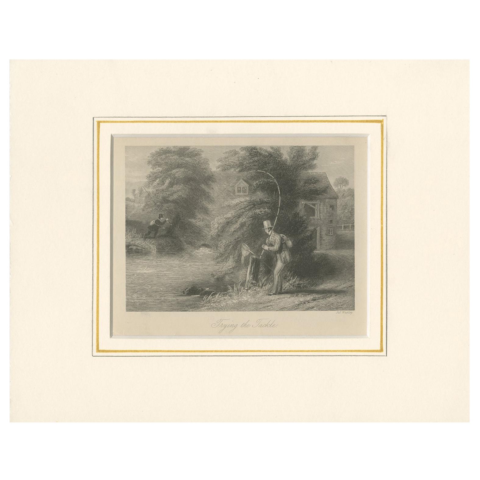 Antique Print of a Fisherman trying his Equipment by Rogerson (1856) For Sale