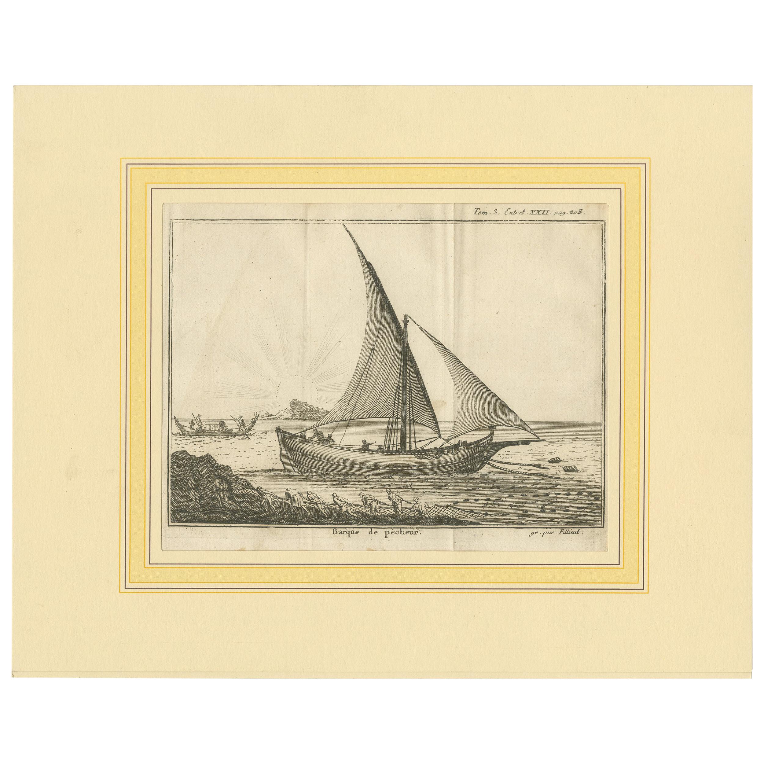 Impression ancienne d'un bateau de pêche par Pluche (1735)