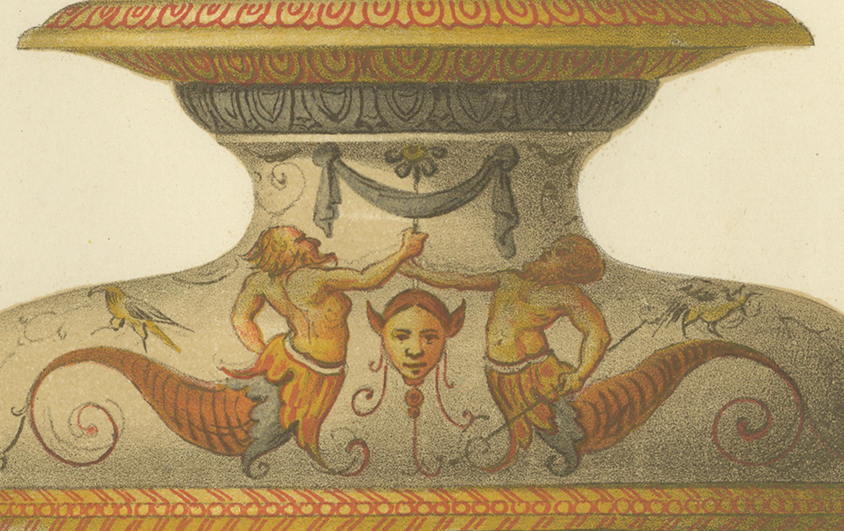 Antique Lithograph of Italian Faience Flambeau and Salière, Delange, 1869

Large format antique lithograph depicting an ornate flambeau (candlestick) and salière (salt cellar) decorated in the grotesque style, rich with mythological figures,