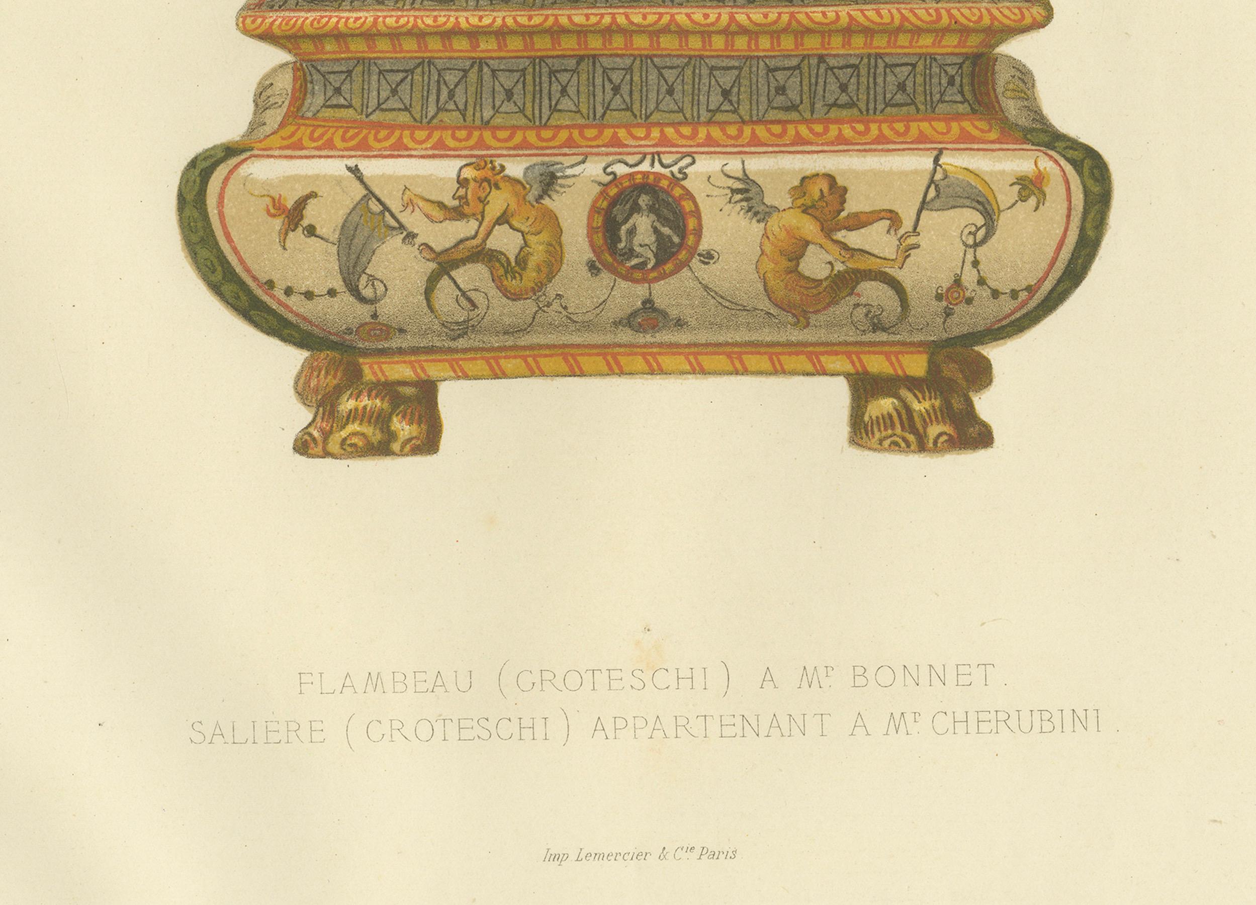 19th Century Italian Faience Flambeau & Salière ��– Antique Lithograph by Delange, 1869 For Sale