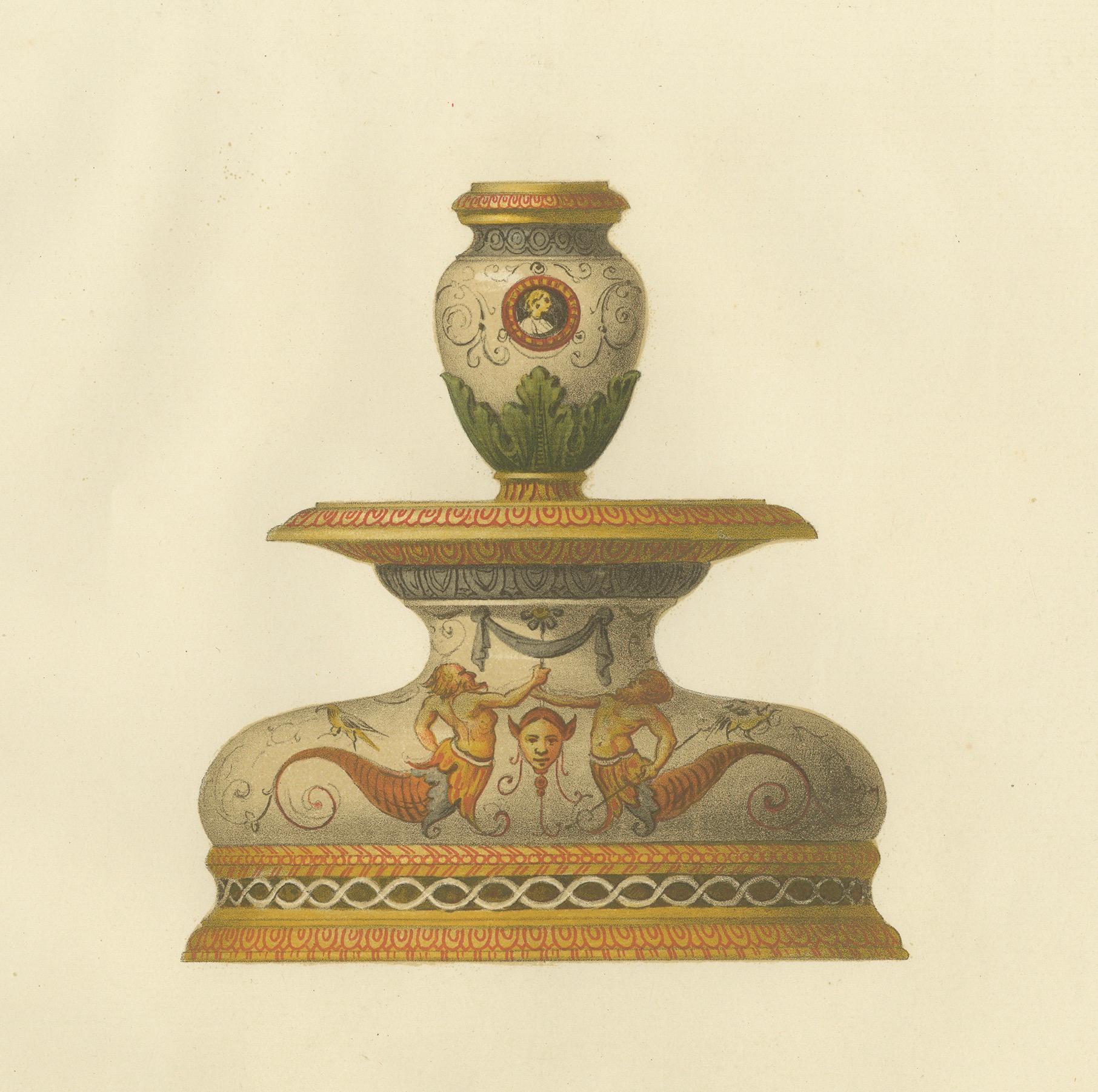 Italian Faience Flambeau & Salière – Antique Lithograph by Delange, 1869 For Sale 1