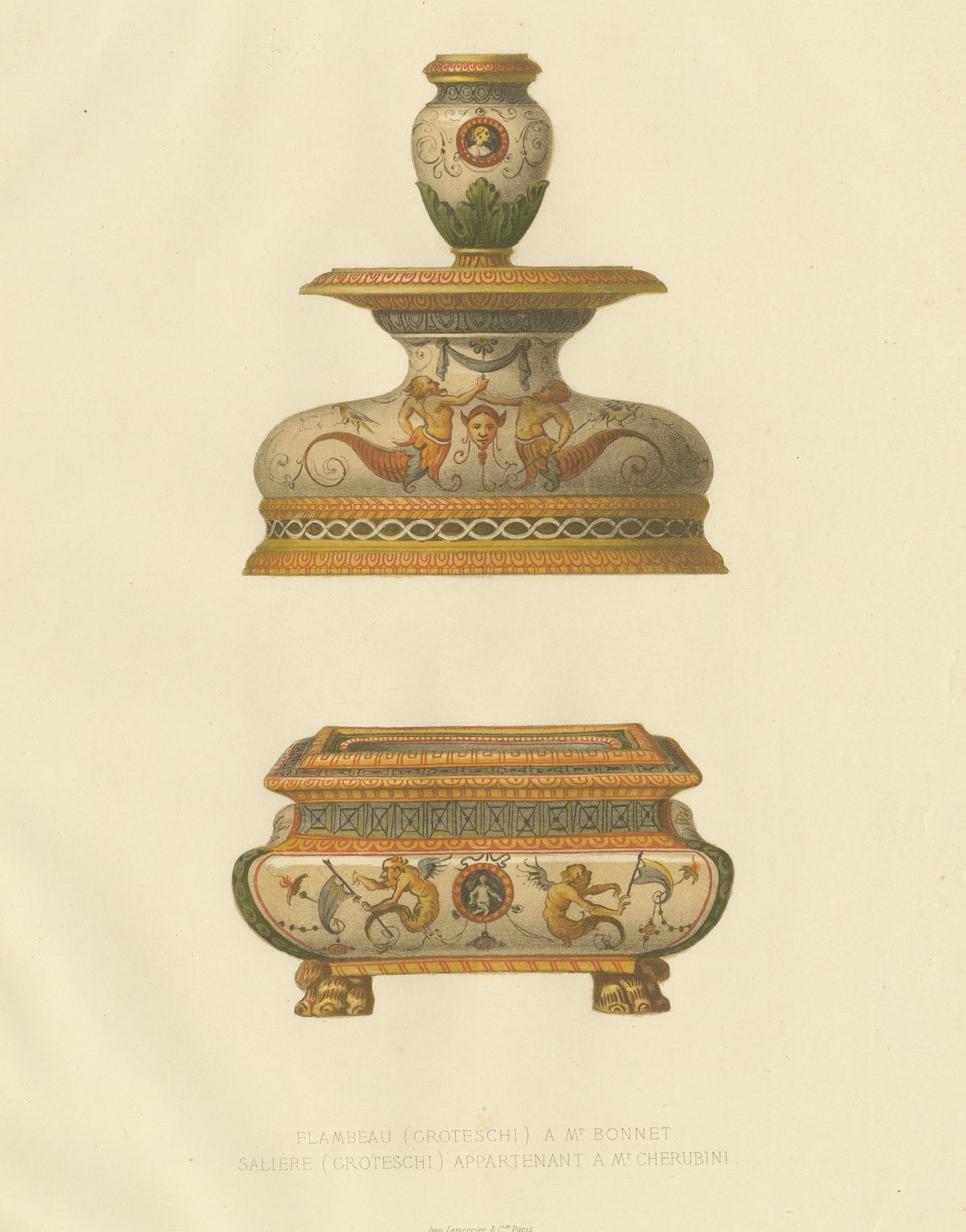 Italian Faience Flambeau & Salière – Antique Lithograph by Delange, 1869 For Sale 2