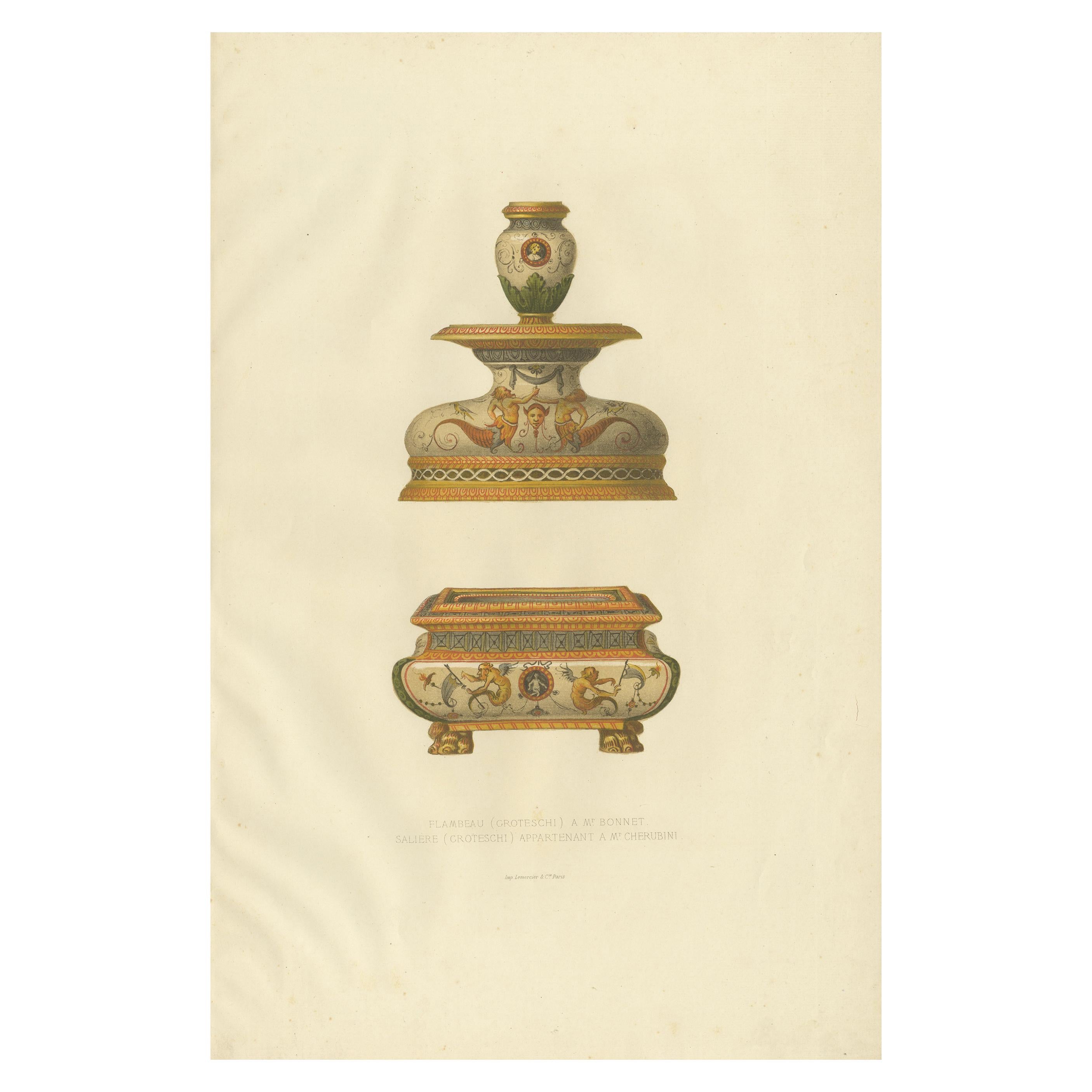 Antique Print of a Flambeau and Salière by Delange '1869' For Sale