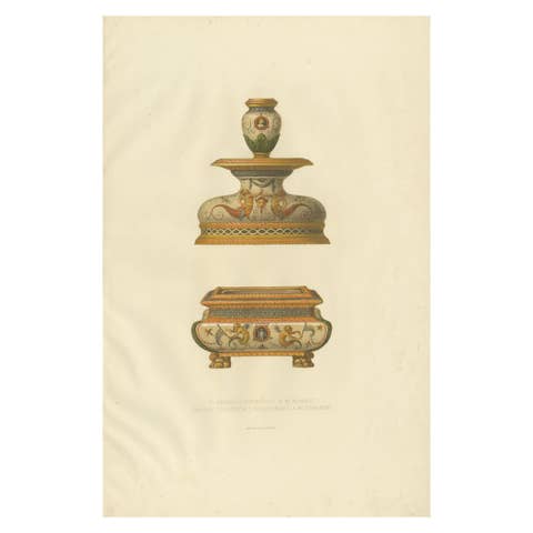 Italian Faience Flambeau & Salière – Antique Lithograph by Delange, 1869