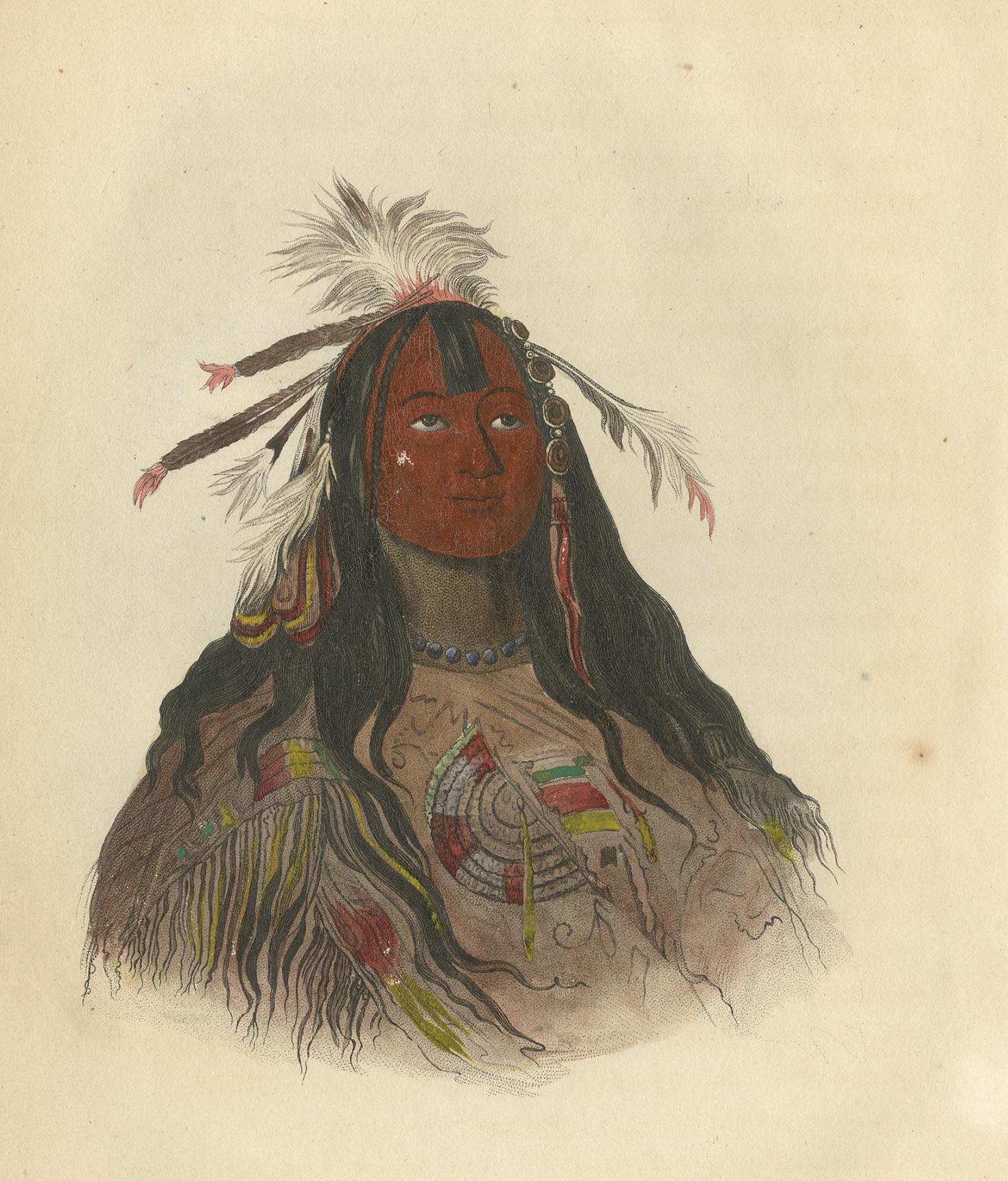 Antique print titled 'H'Co-A-H'Co-A-H'Cotes-Min'. Lithograph of a flat head warrior. This print originates from 'Histoire Naturelle de l’homme Comprenant des recherches sur L’influence des agens physiques et morau (..)' by J.C. Prichard.